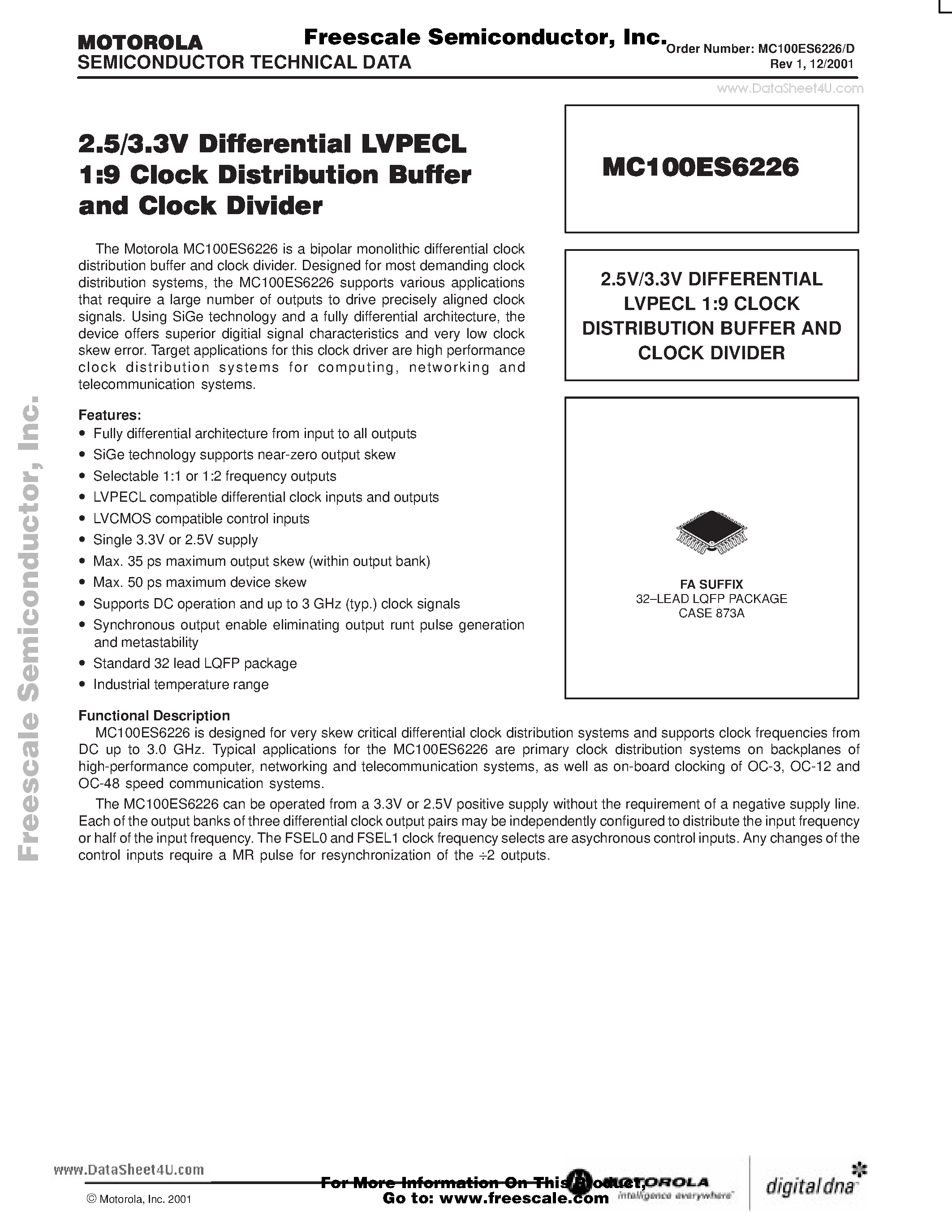 Datasheet MC100ES6226 - 2.5/3.3V Differential LVPECL 1:9 Clock Distribution Buffer and Clock Divider page 1