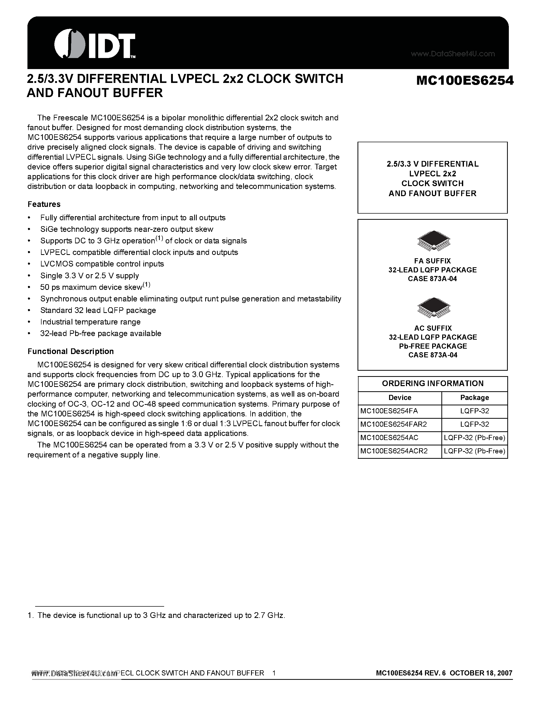 Datasheet MC100ES6254 - 2.5/3.3V DIFFERENTIAL LVPECL 2x2 CLOCK SWITCH AND FANOUT BUFFER page 1