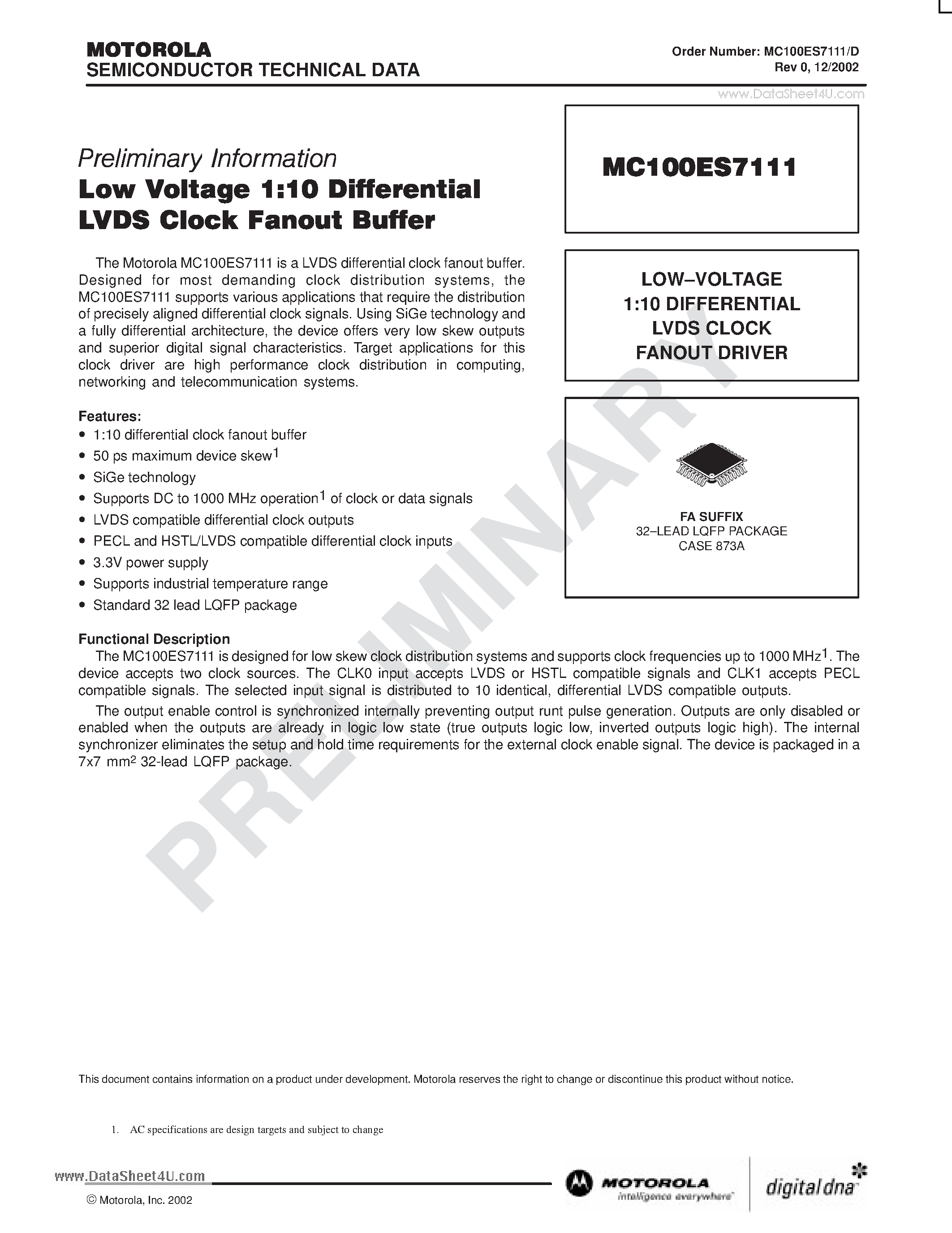 Datasheet MC100ES7111 - LOW VOLTAGE 1:10 DIFFERENTIAL LVDS CLOCK FANOUT BUFFER page 1