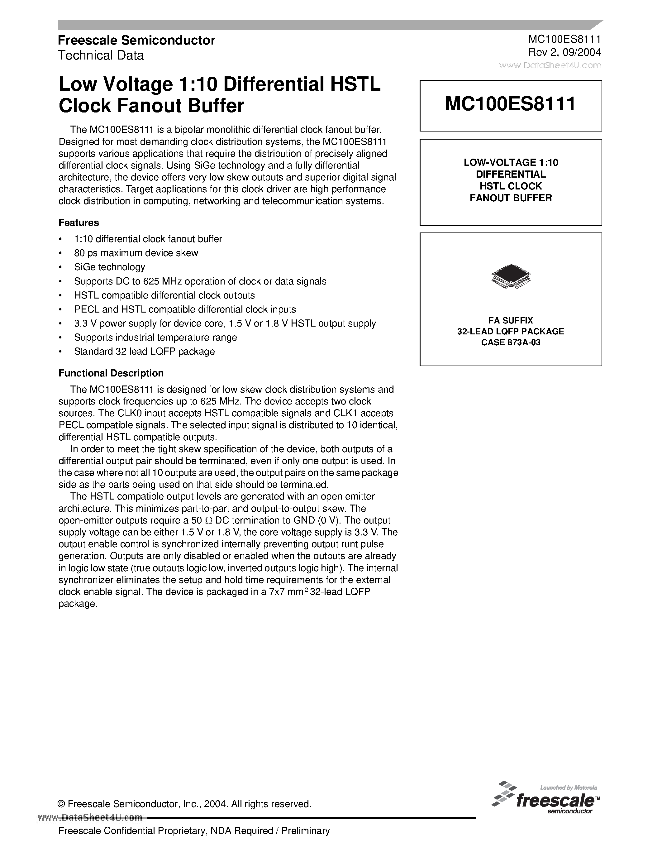 Datasheet MC100ES8111 - Low Voltage 1:10 Differential HSTL Clock Fanout Buffer page 1