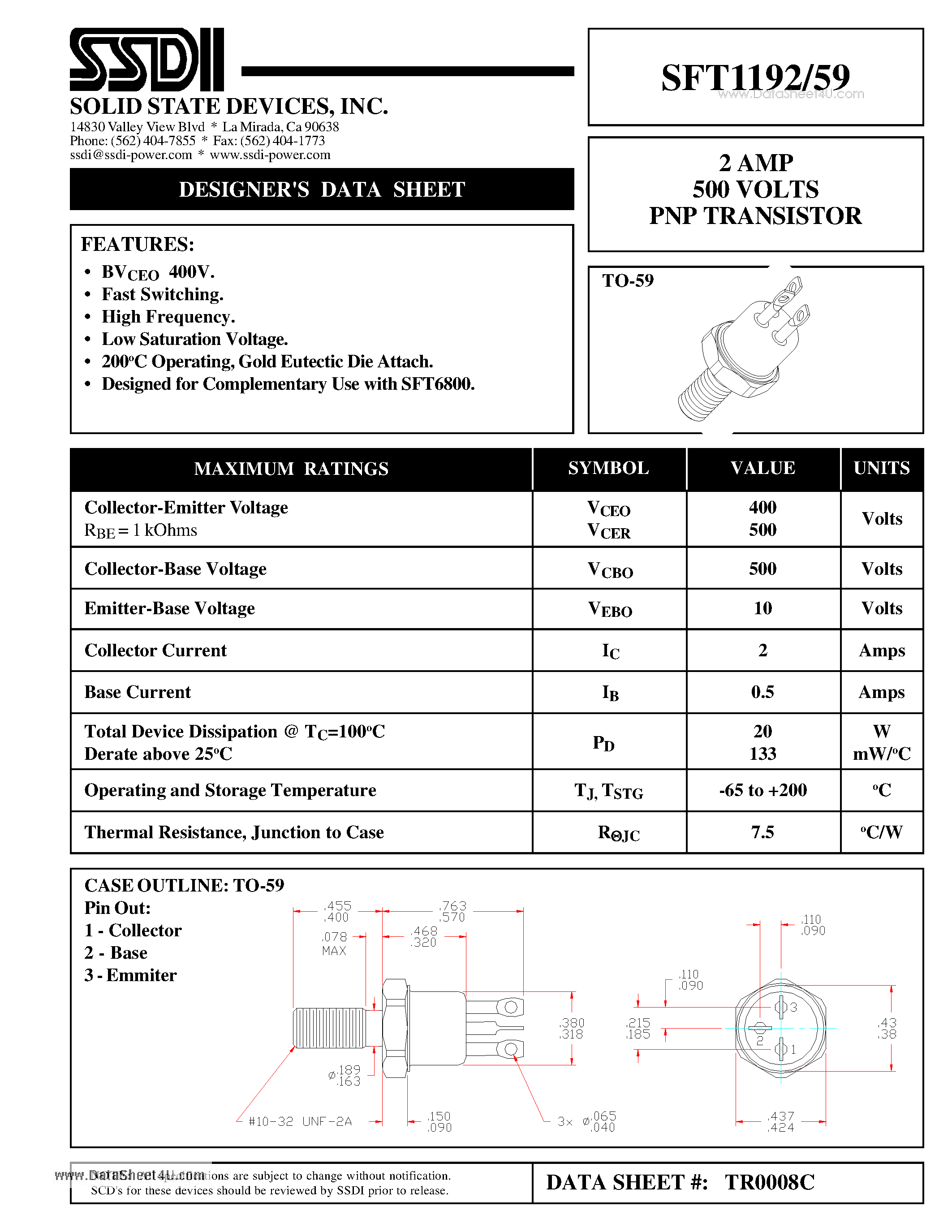 Даташит SFT1192/59 - 2 AMP 500 VOLTS PNP TRANSISTOR страница 1