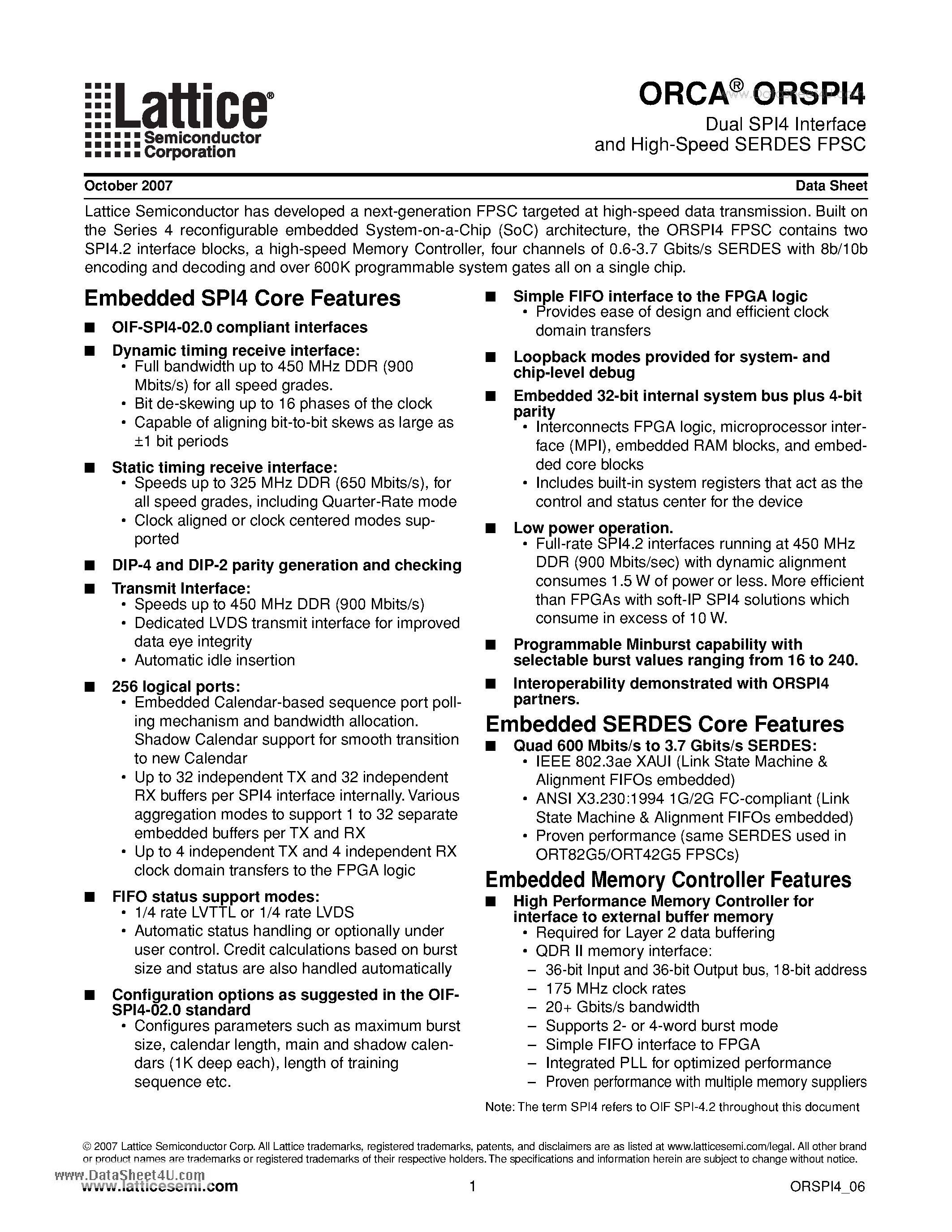 Даташит ORSPI4 - Dual SPI4 Interface and High-Speed SERDES FPSC страница 1