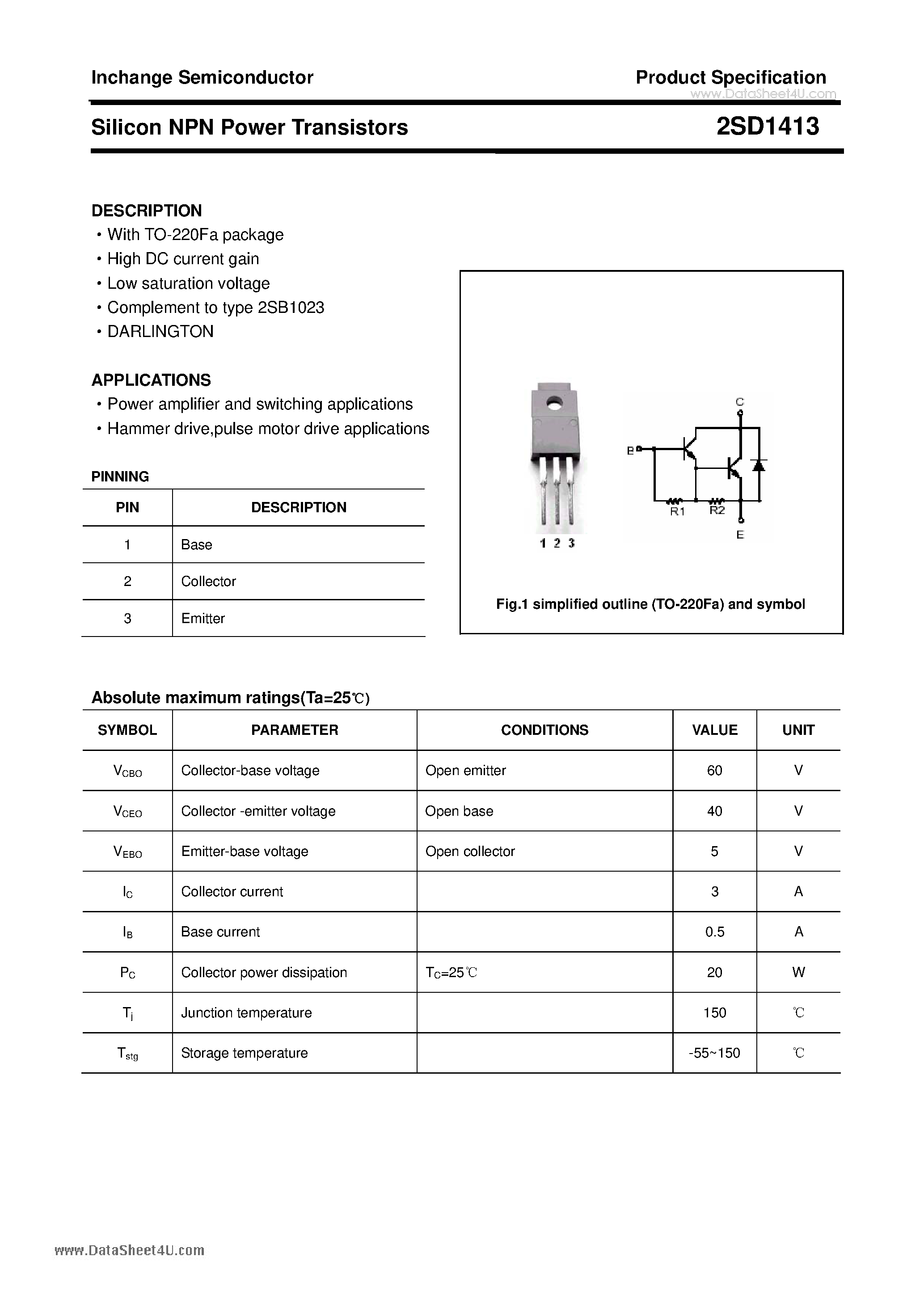 Datasheet D1413 - Search -----> 2SD1413 page 1