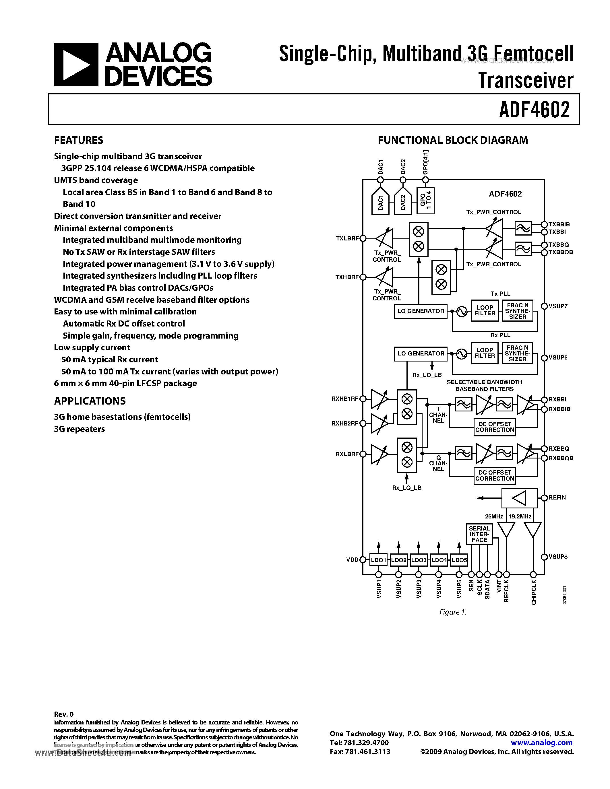 Datasheet ADF4602 - Multiband 3G Femtocell Transceiver page 1