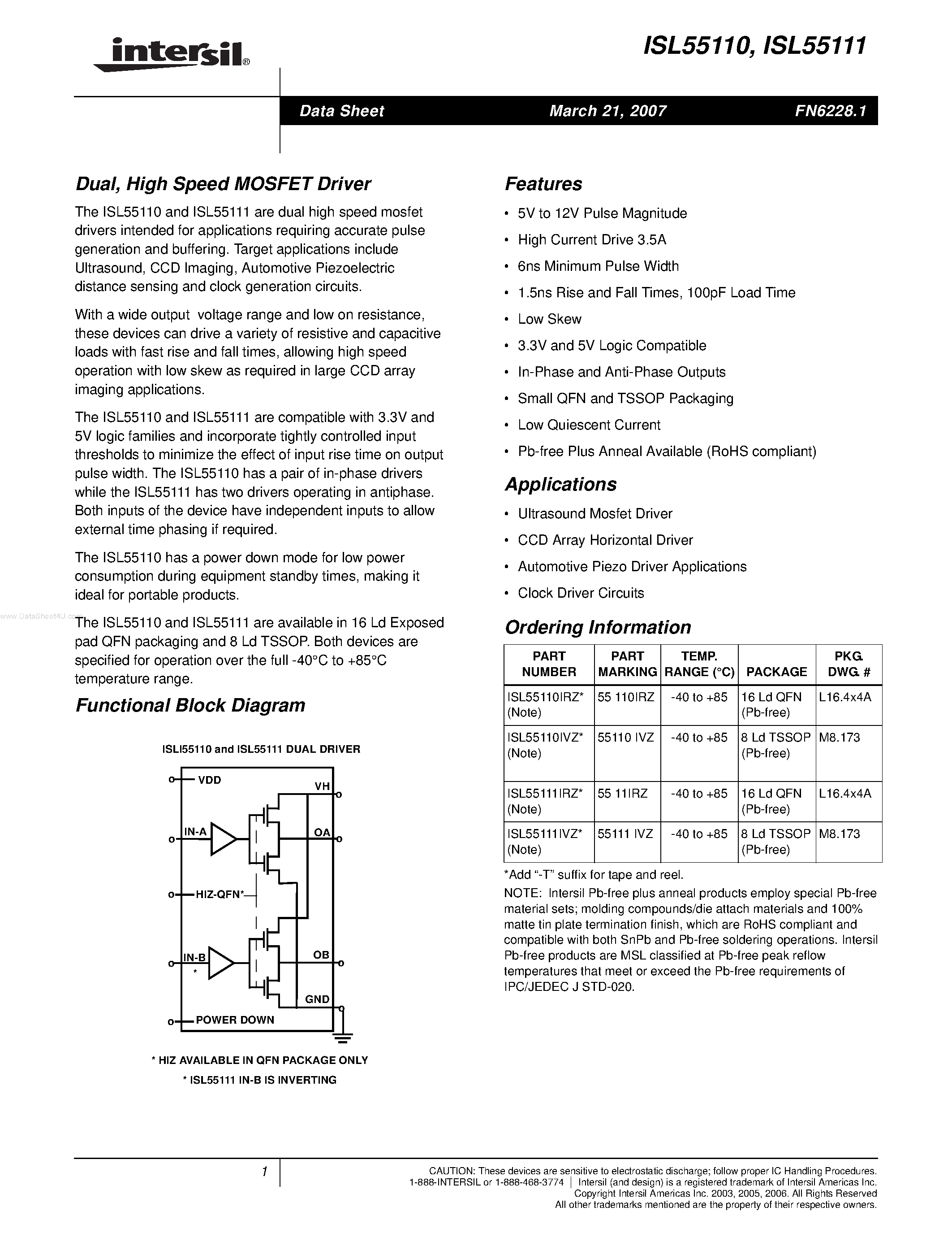 Даташит ISL55111 - (ISL55110 / ISL55111) High Speed MOSFET Driver страница 1