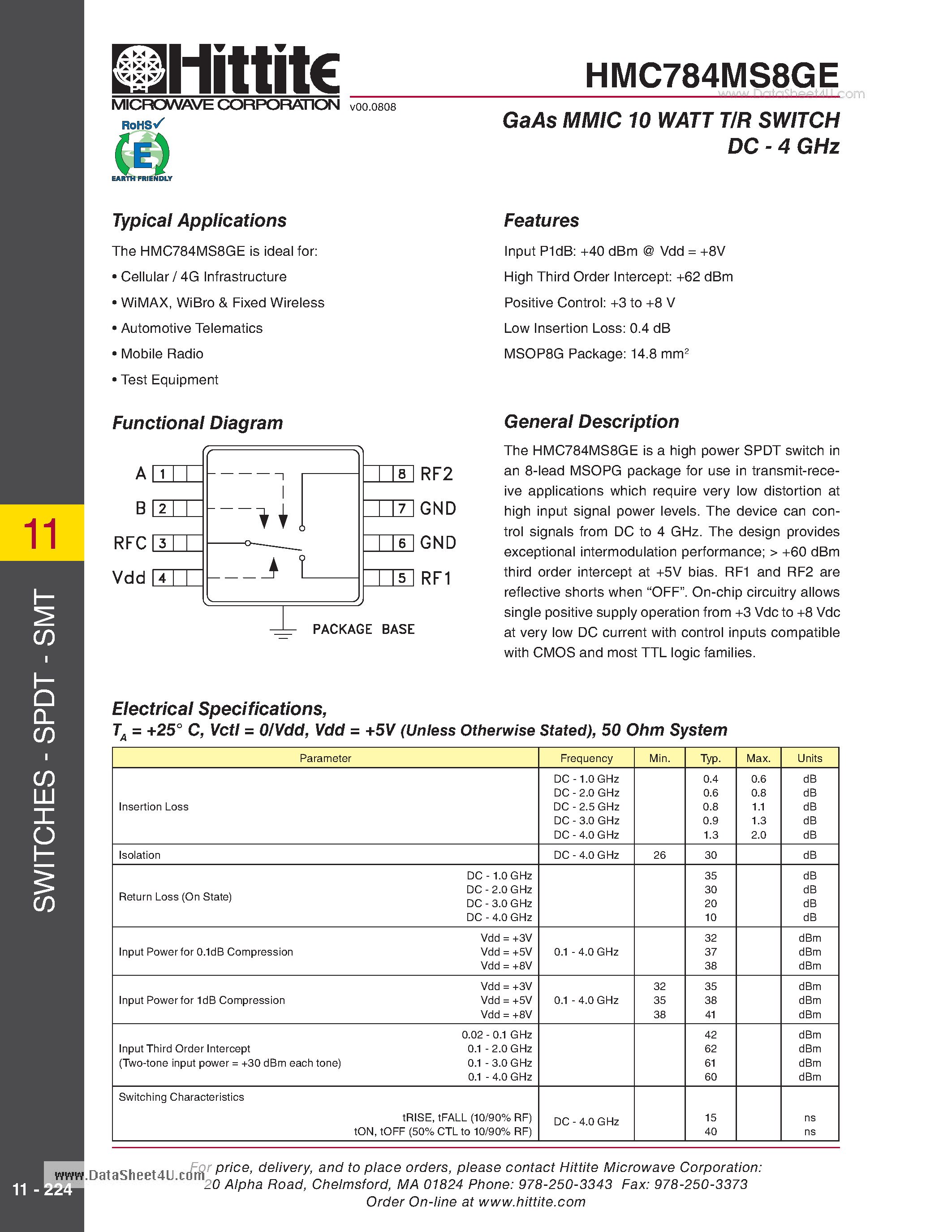 Datasheet HMC784MS8GE - GaAs MMIC 10 WATT T/R SWITCH DC - 4 GHz page 1