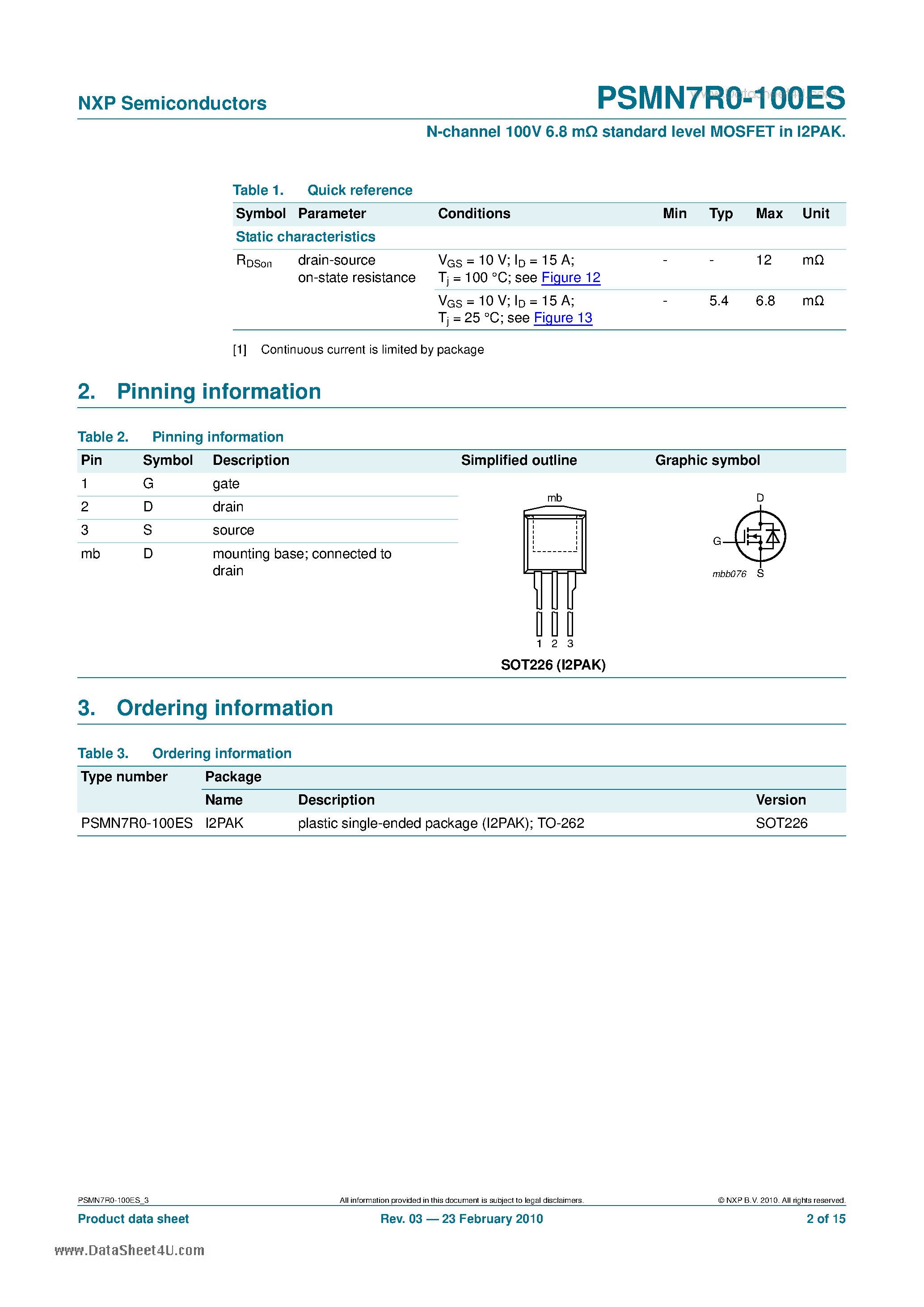 Даташит PSMN7R0-100ES - N-channel 100V 6.8 MOhm Standard Level MOSFET страница 2