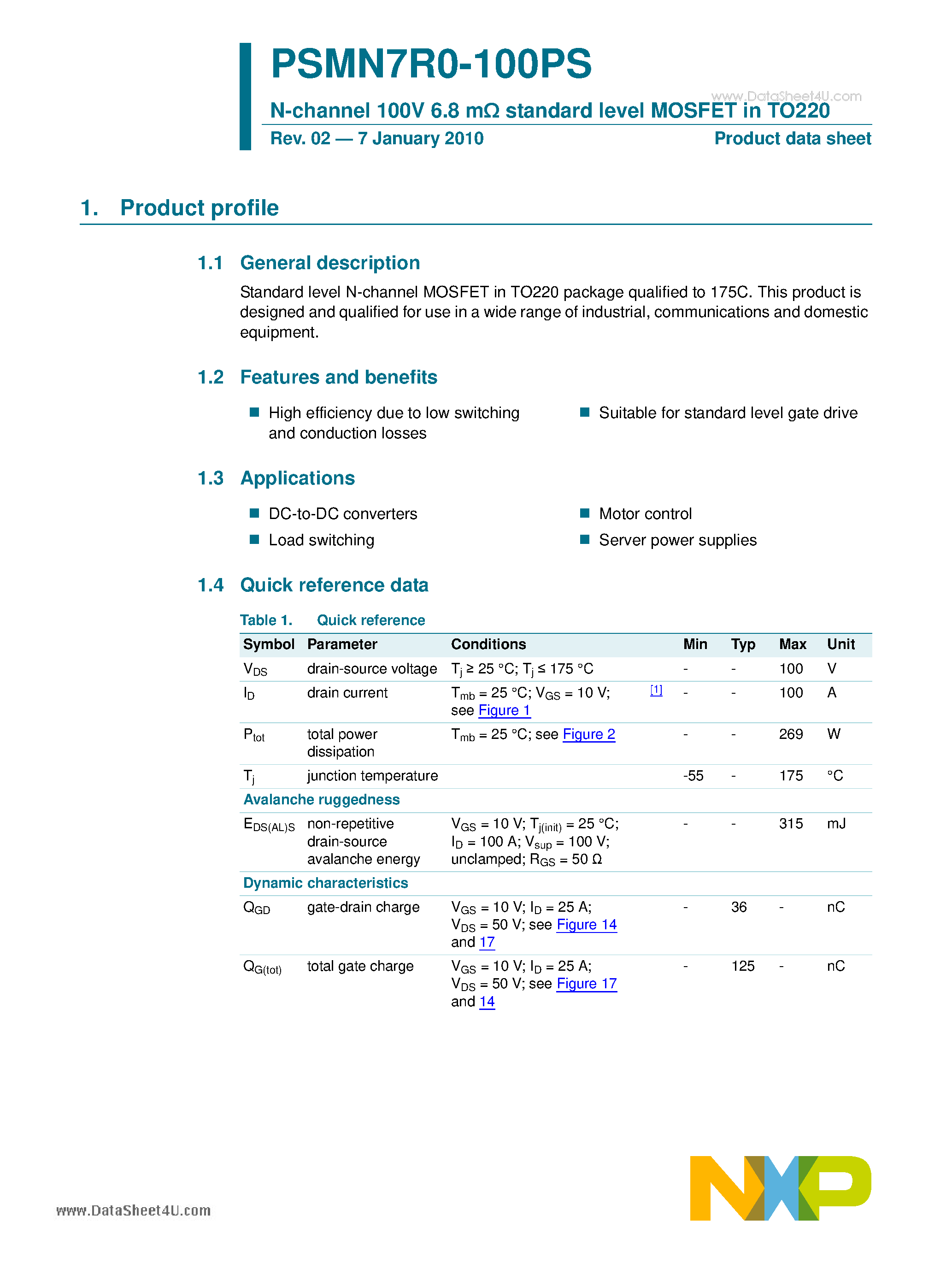 Даташит PSMN7R0-100PS - N-channel 100V 6.8 MOhm Standard Level MOSFET страница 1