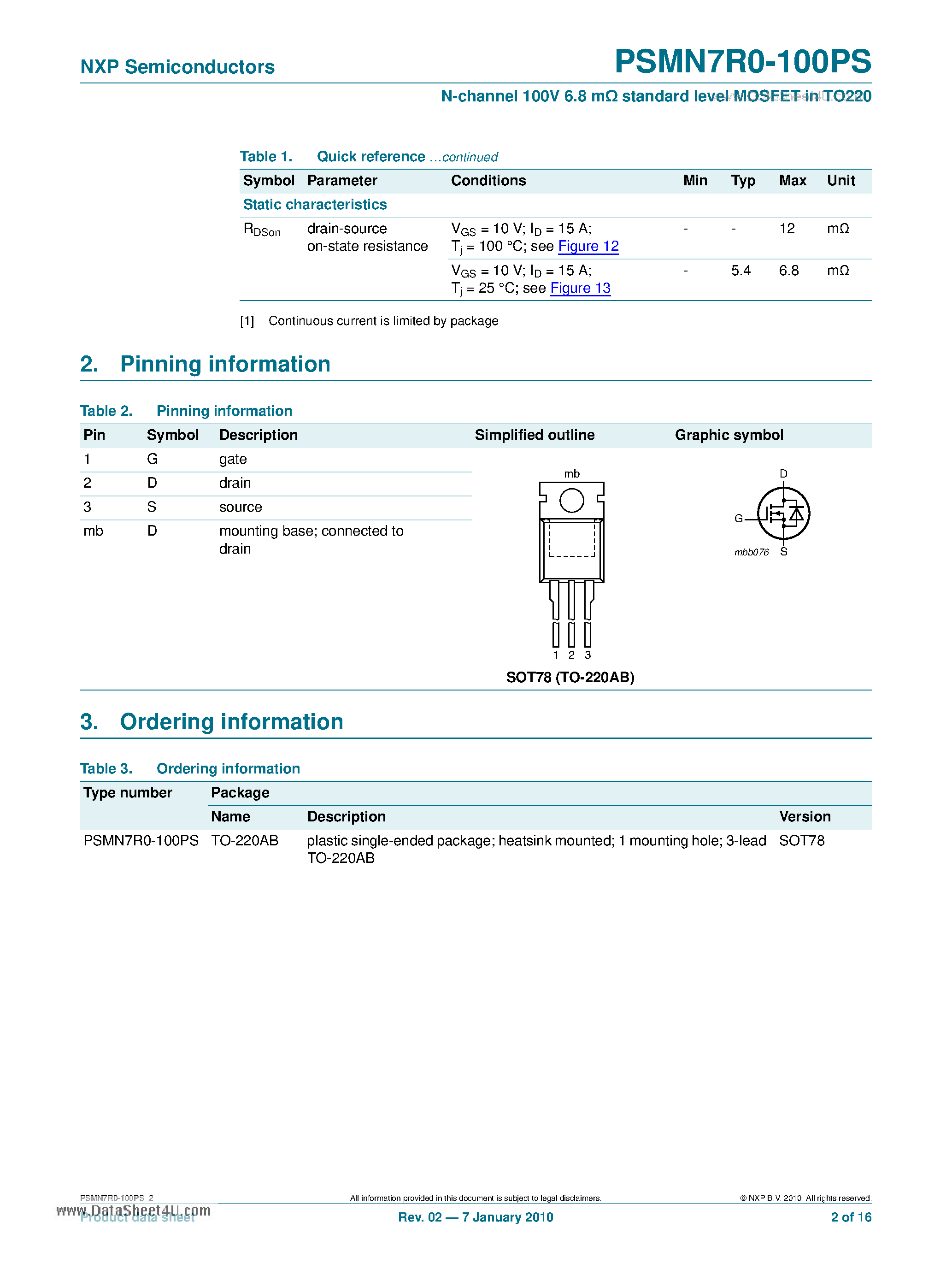 Даташит PSMN7R0-100PS - N-channel 100V 6.8 MOhm Standard Level MOSFET страница 2