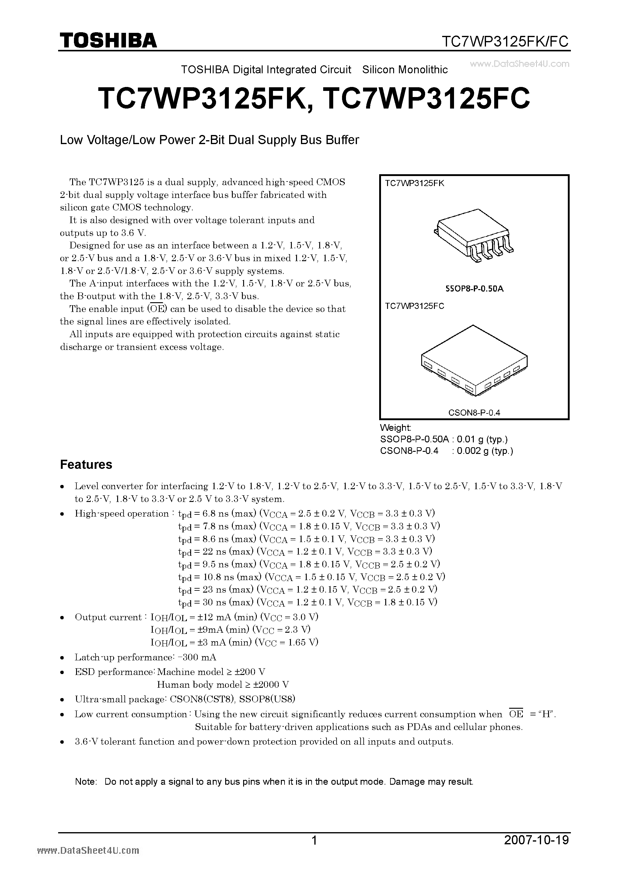 Даташит TC7WP3125FC - Digital Integrated Circuit Silicon Monolithic Low Voltage/Low Power 2-Bit Dual Supply Bus Buffer страница 1