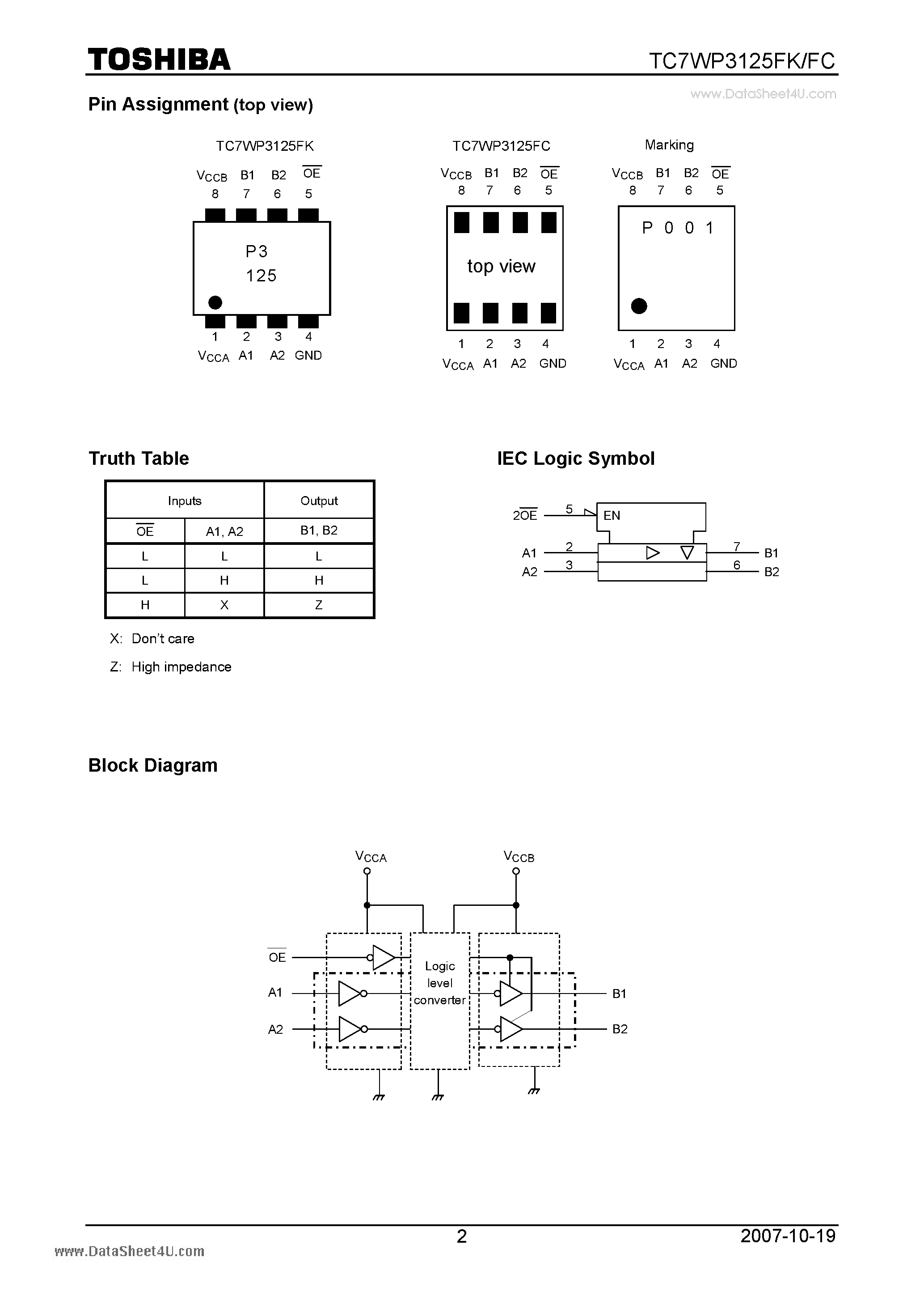 Даташит TC7WP3125FC - Digital Integrated Circuit Silicon Monolithic Low Voltage/Low Power 2-Bit Dual Supply Bus Buffer страница 2