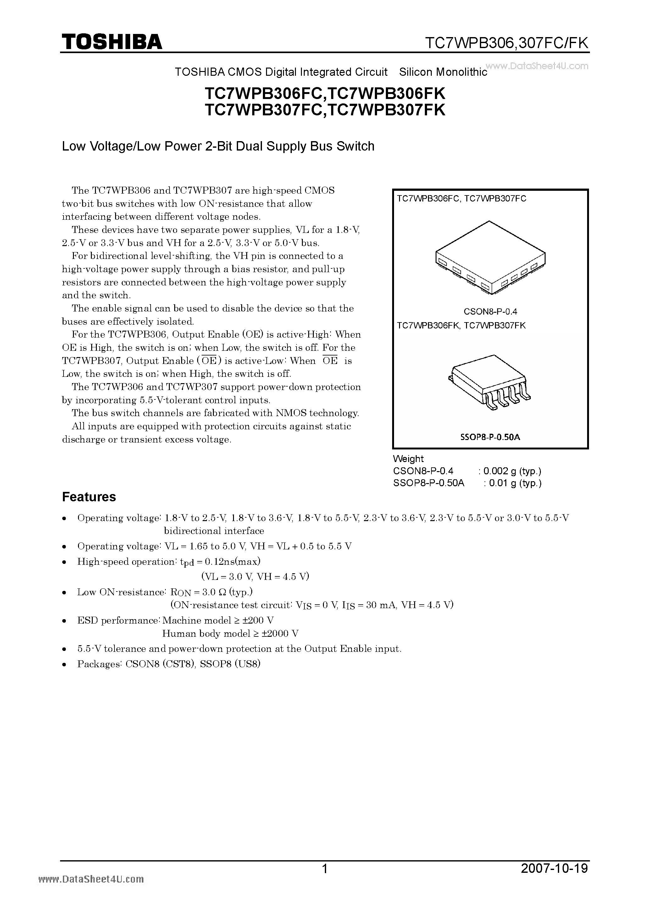 Даташит TC7WPB306FC - CMOS Digital Integrated Circuit Silicon Monolithic Low Voltage/Low Power 2-Bit Dual Supply Bus Switch страница 1