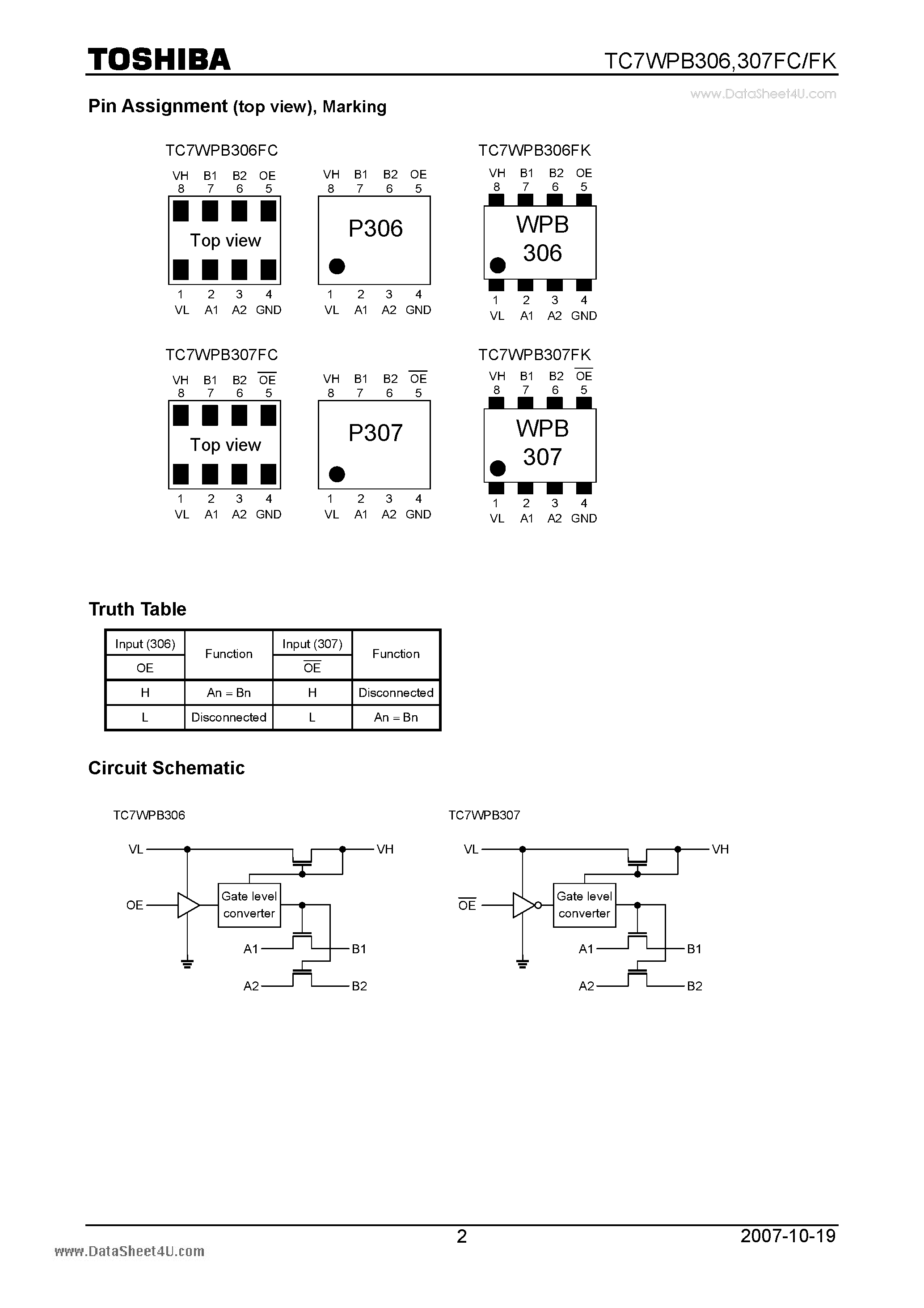 Даташит TC7WPB306FC - CMOS Digital Integrated Circuit Silicon Monolithic Low Voltage/Low Power 2-Bit Dual Supply Bus Switch страница 2