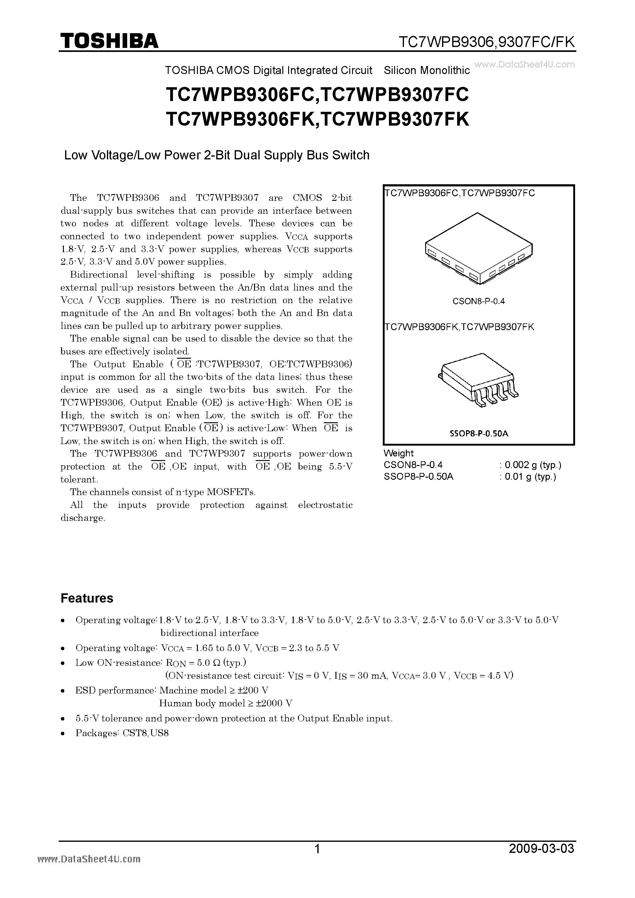 Даташит TC7WPB9306FC - Low Voltage/Low Power 2-Bit Dual Supply Bus Switch страница 1