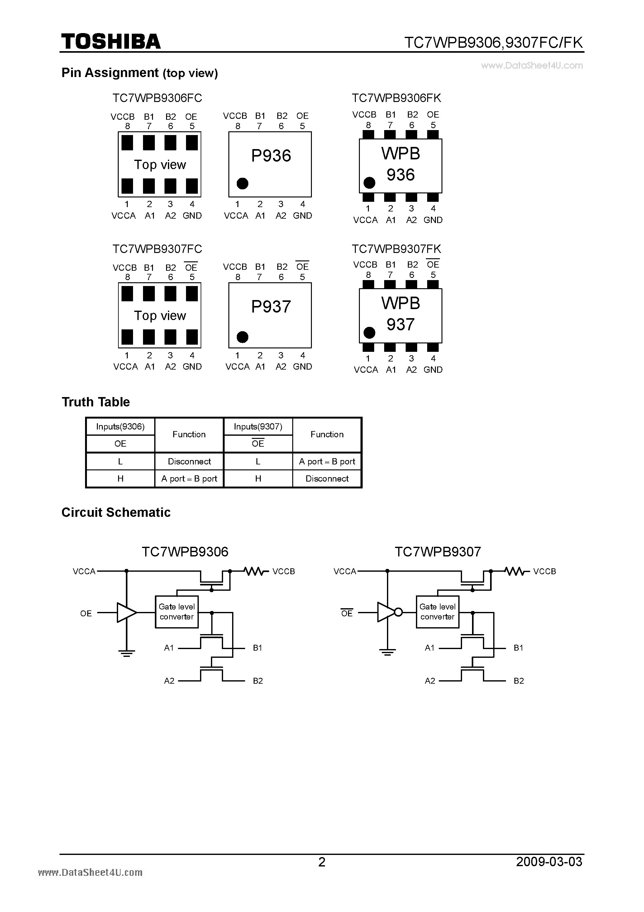 Даташит TC7WPB9306FC - Low Voltage/Low Power 2-Bit Dual Supply Bus Switch страница 2