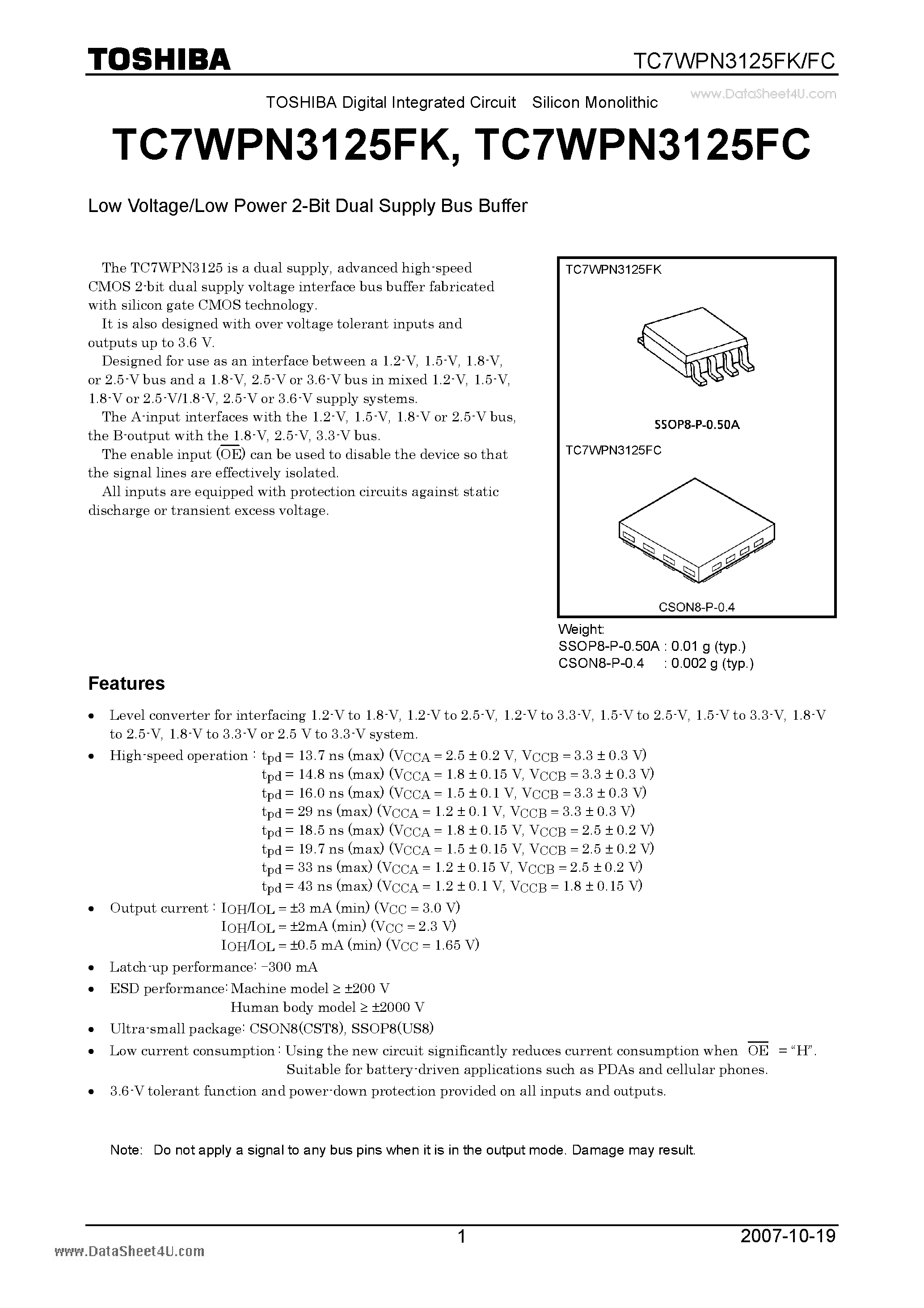 Даташит TC7WPN3125FC - Digital Integrated Circuit Silicon Monolithic Low Voltage/Low Power 2-Bit Dual Supply Bus Buffer страница 1