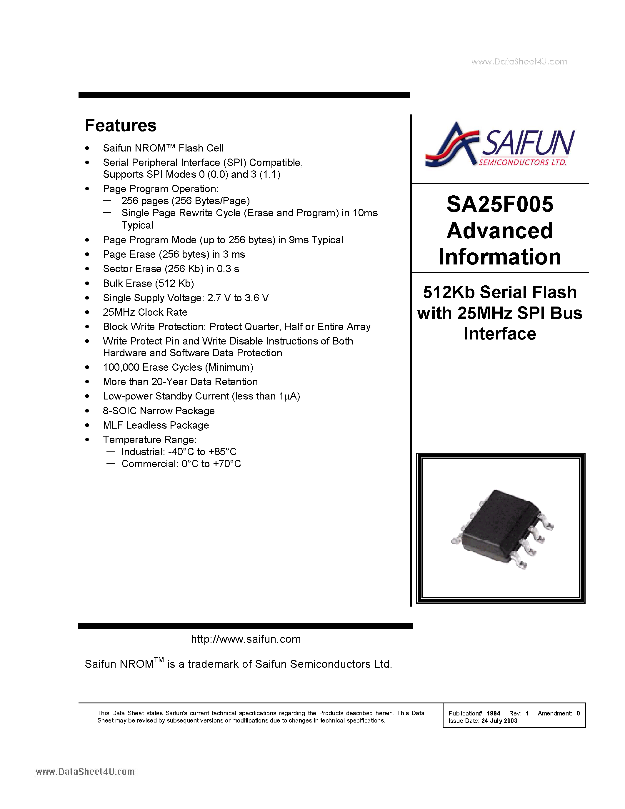 Даташит SA25F005 - 512Kb Serial Flash страница 1