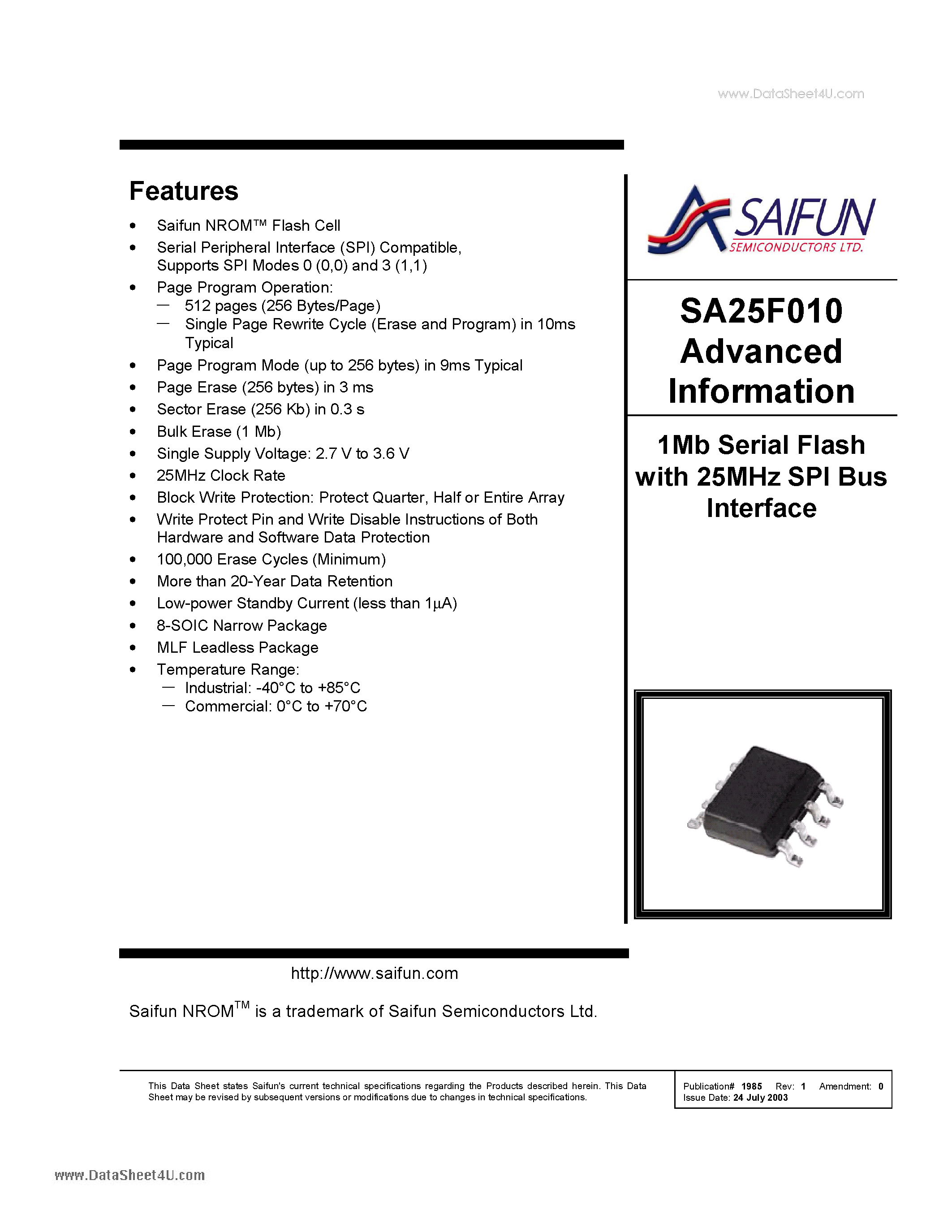 Даташит SA25F010 - 1Mb Serial Flash страница 1