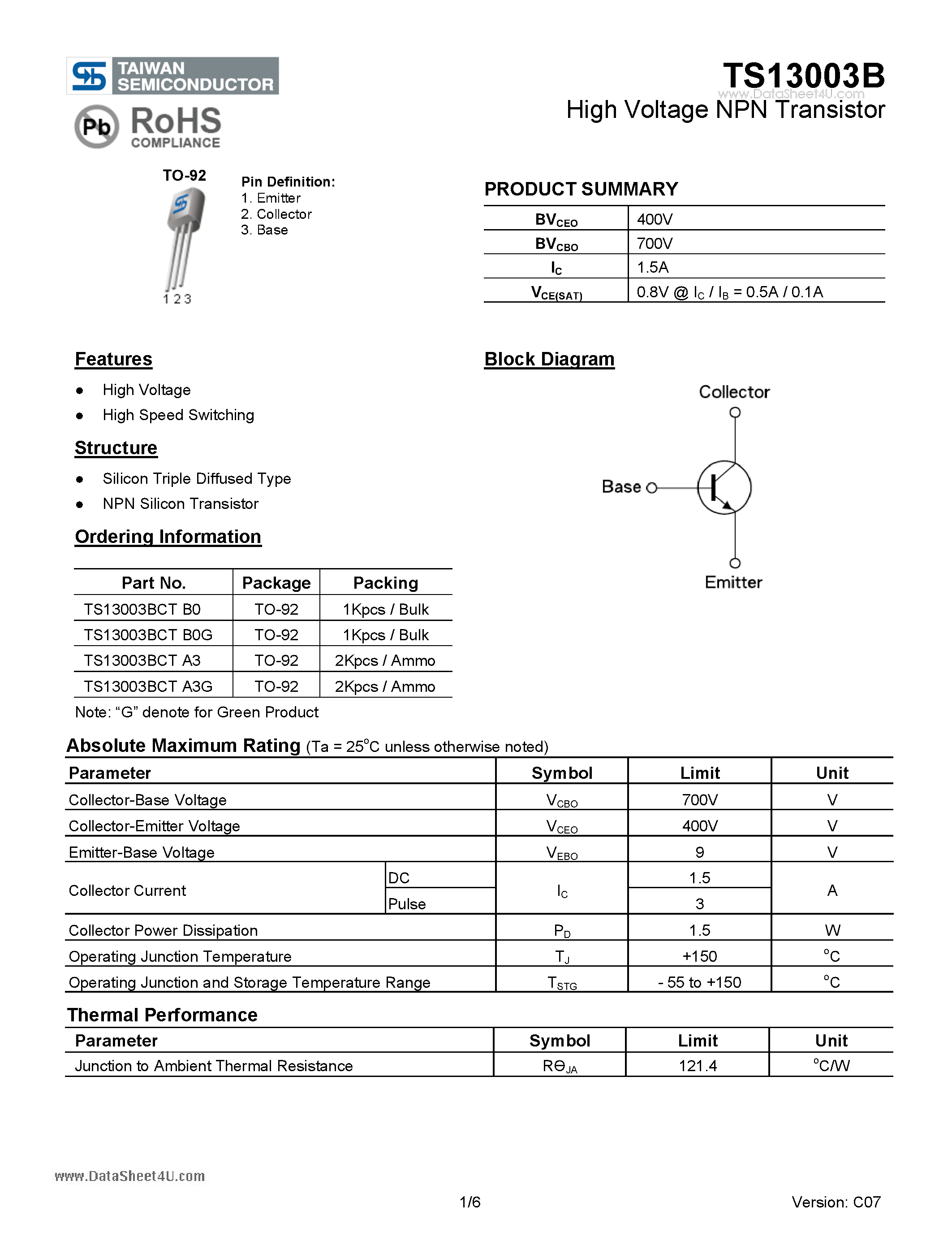 Даташит TS13003B - High Voltage NPN Transistor страница 1