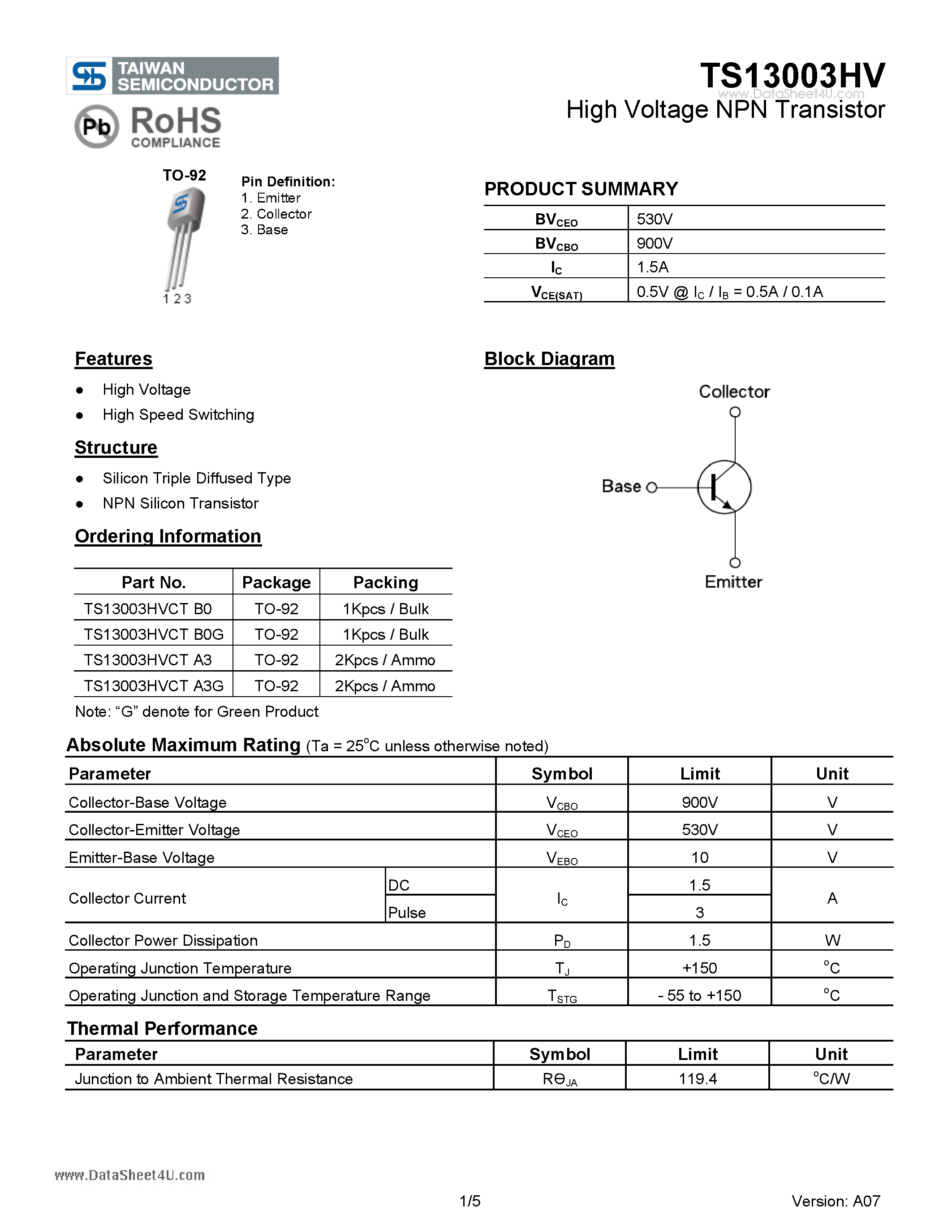 Даташит TS13003HV - High Voltage NPN Transistor страница 1