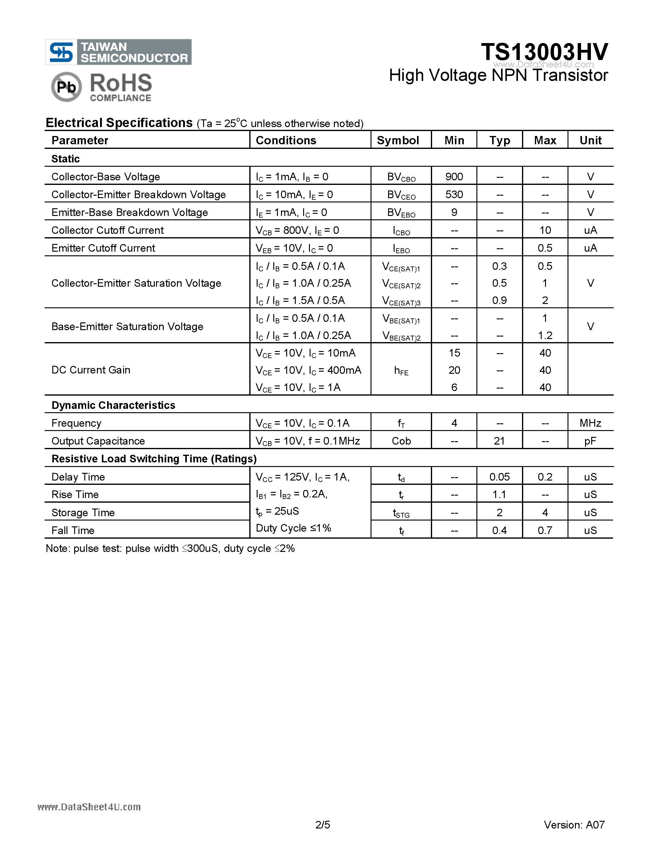 Даташит TS13003HV - High Voltage NPN Transistor страница 2