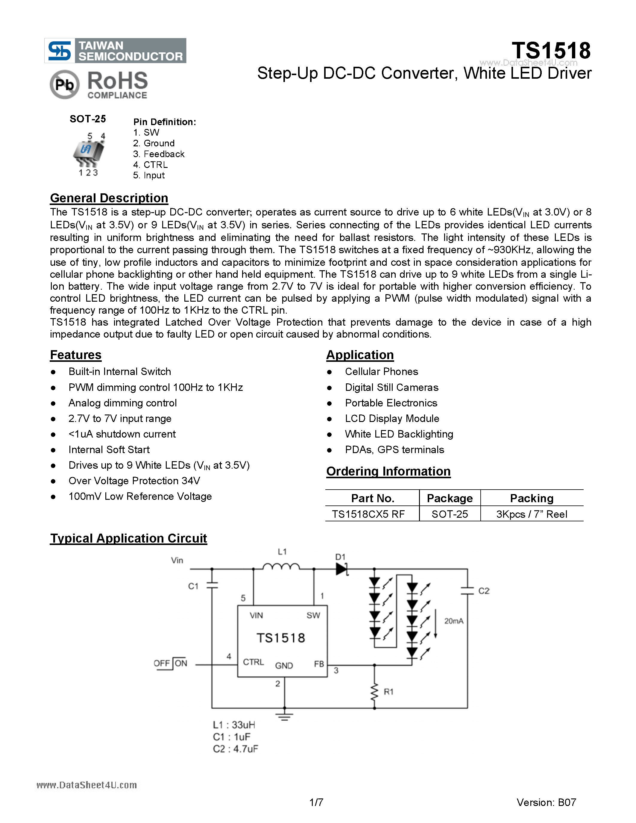 Даташит TS1518 - White LED Driver страница 1