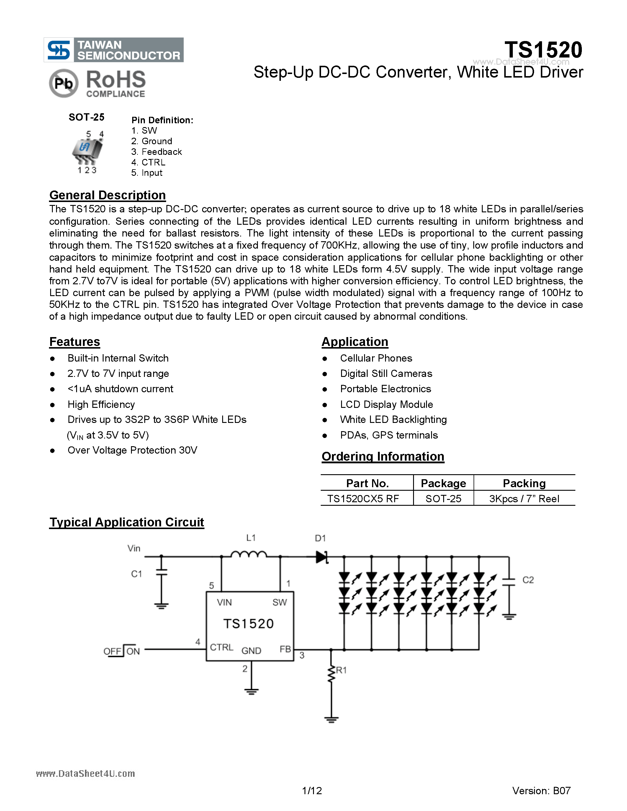 Даташит TS1520 - White LED Driver страница 1