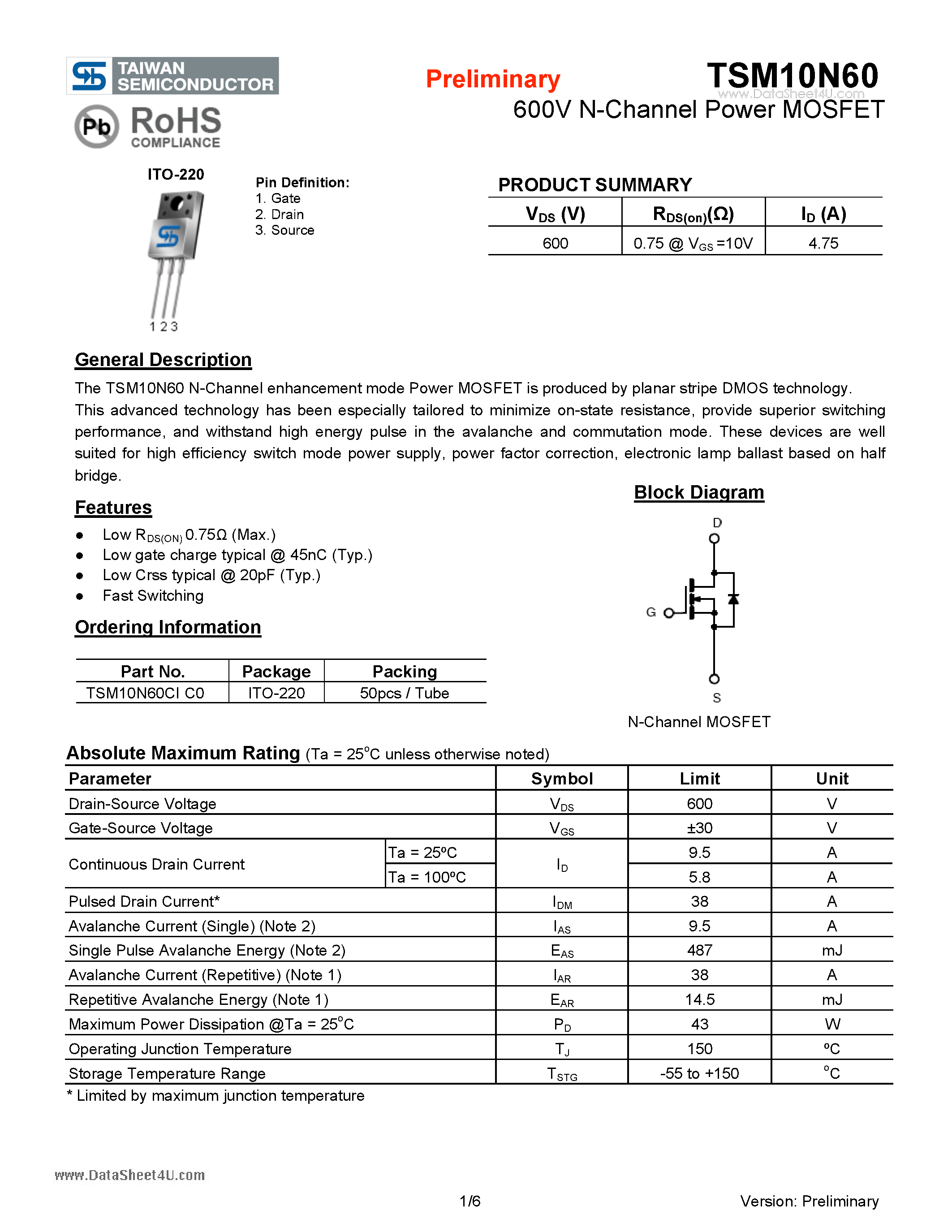 Даташит TSM10N60 - 600V N-Channel Power MOSFET страница 1