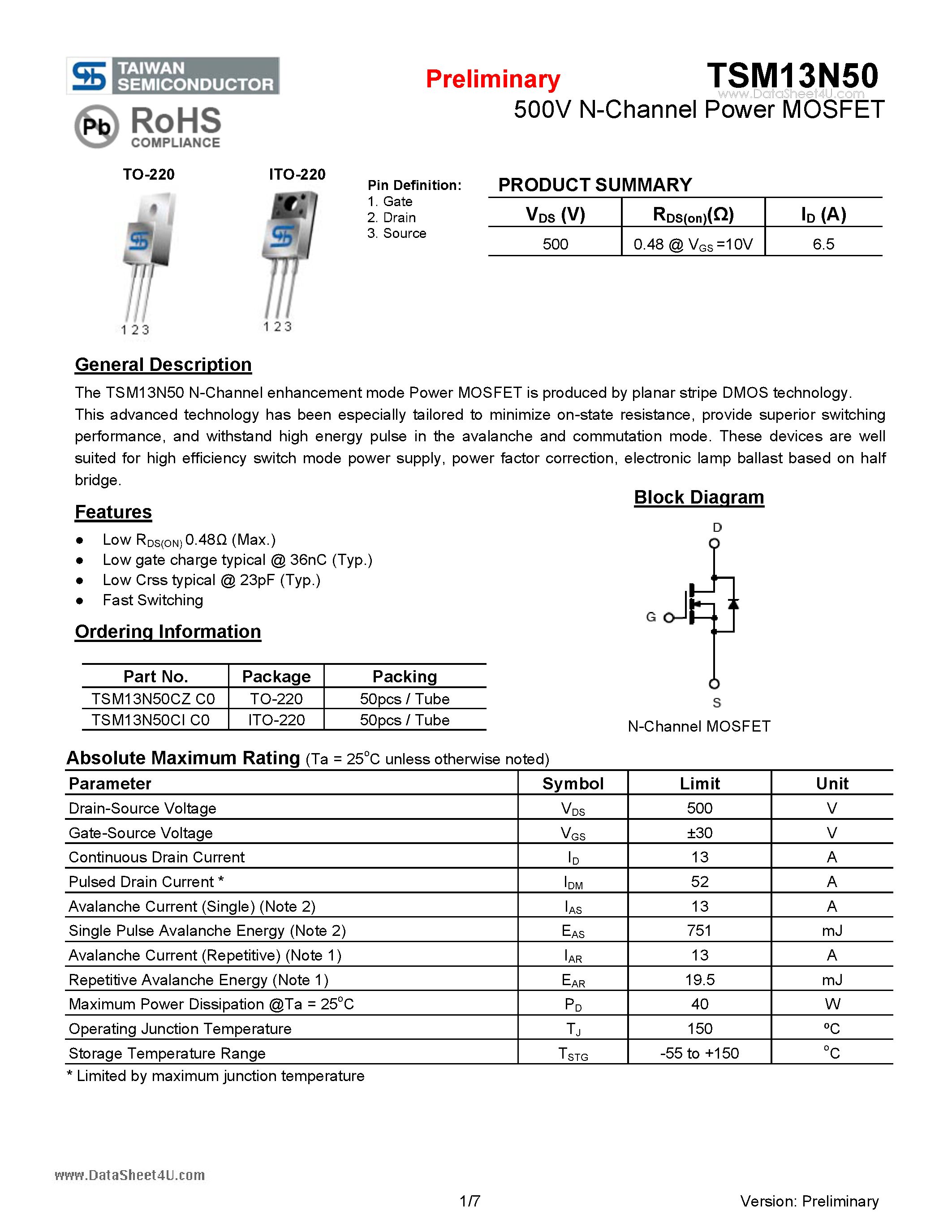 Даташит TSM13N50 - 500V N-Channel Power MOSFET страница 1