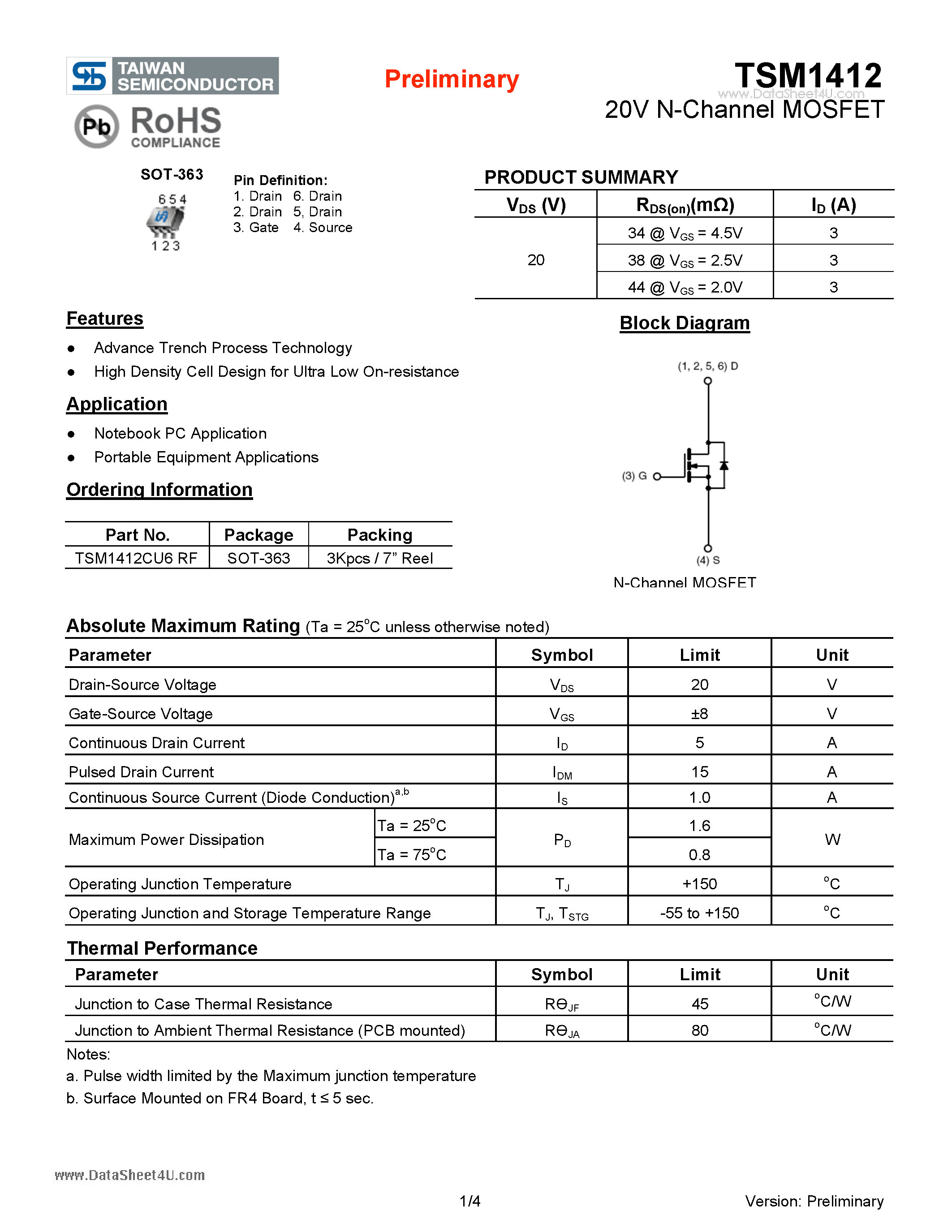 Даташит TSM1412 - 20V N-Channel MOSFET страница 1