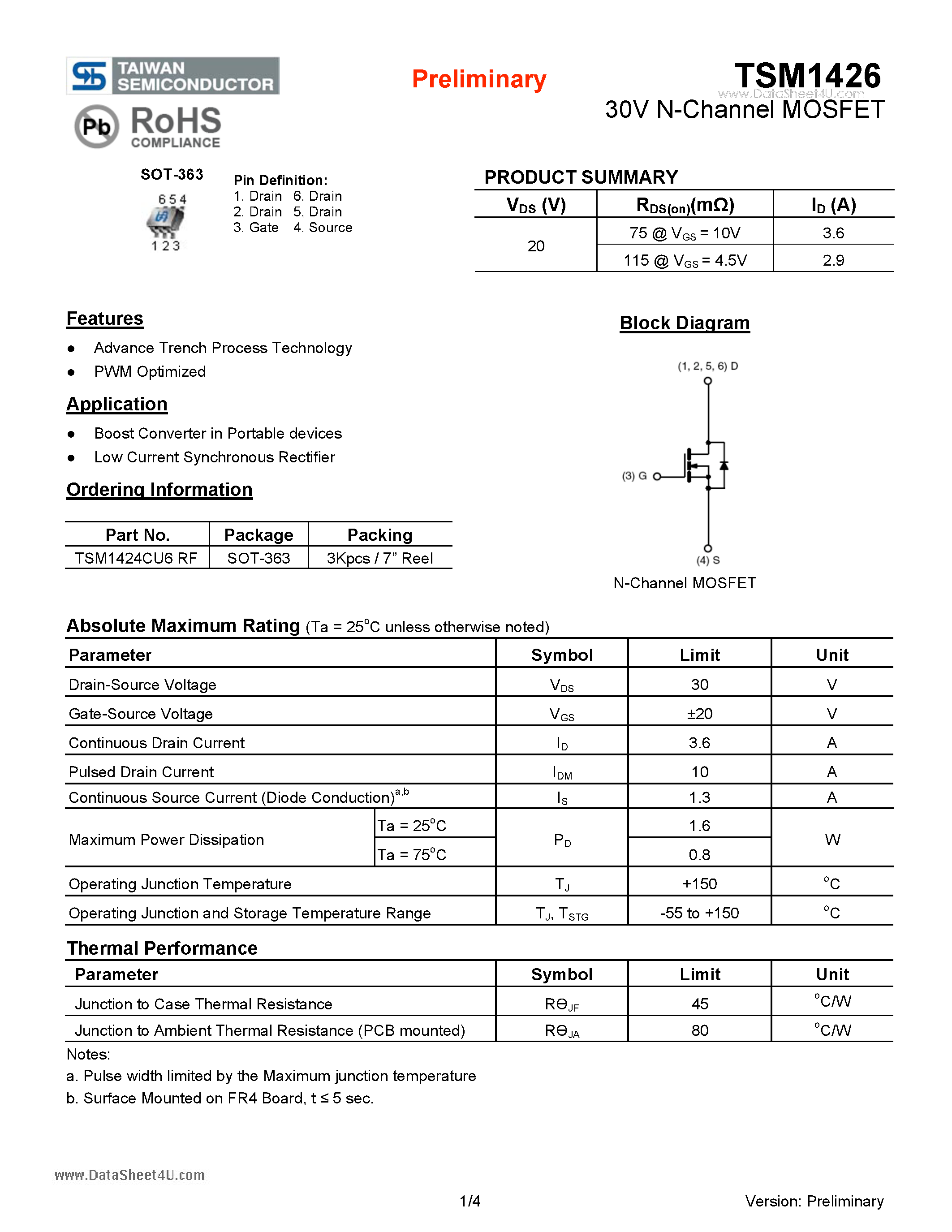 Даташит TSM1426 - 30V N-Channel MOSFET страница 1