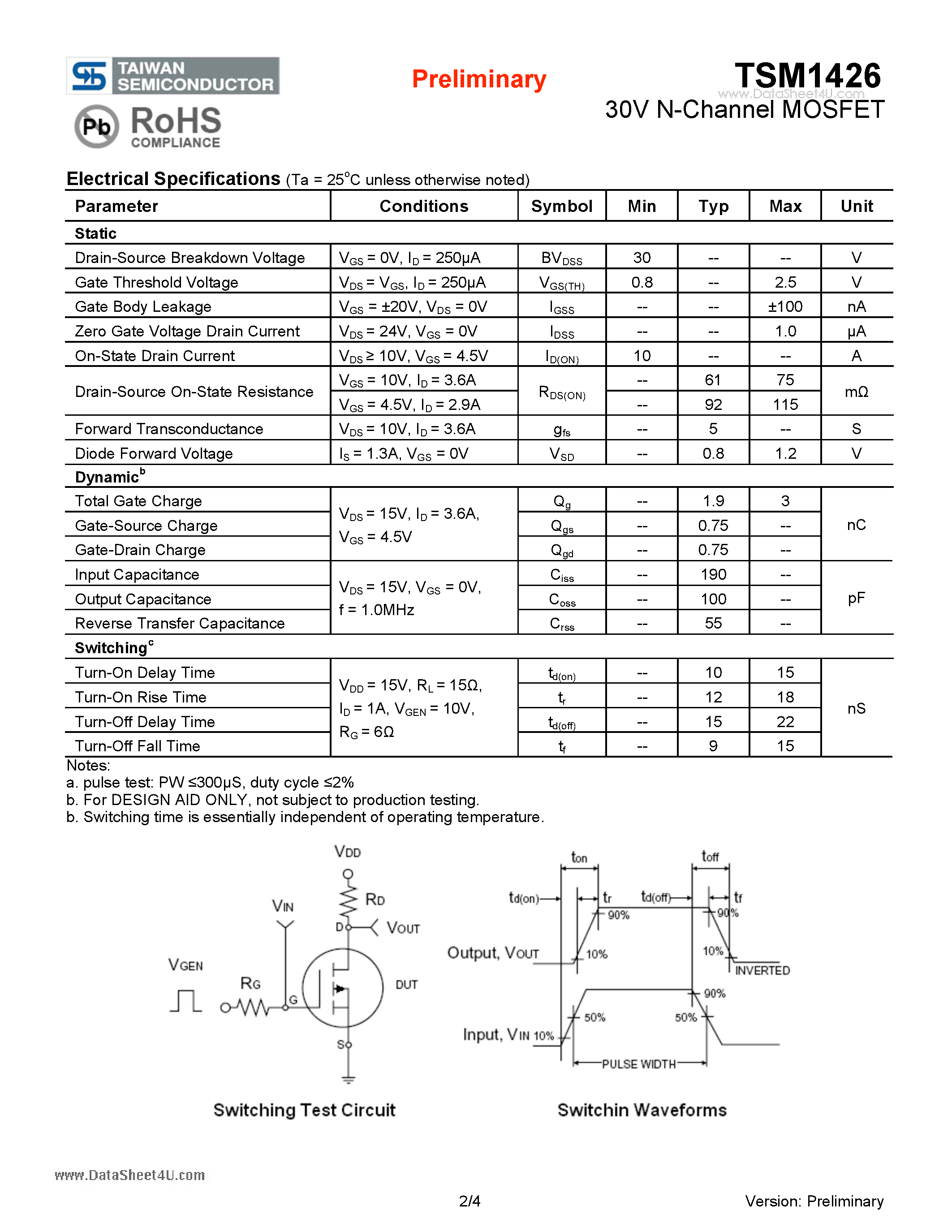 Даташит TSM1426 - 30V N-Channel MOSFET страница 2