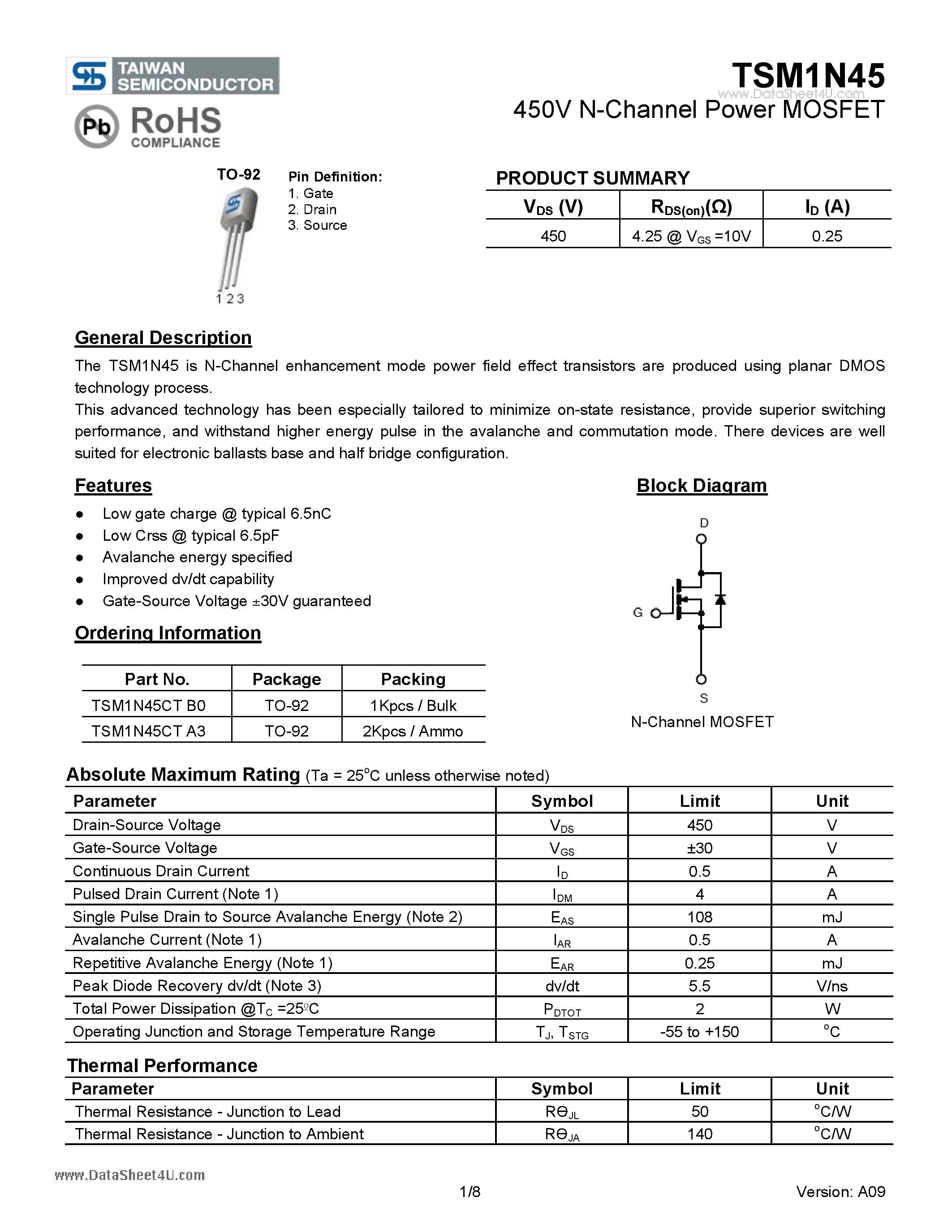 Даташит TSM1N45 - 450V N-Channel Power MOSFET страница 1