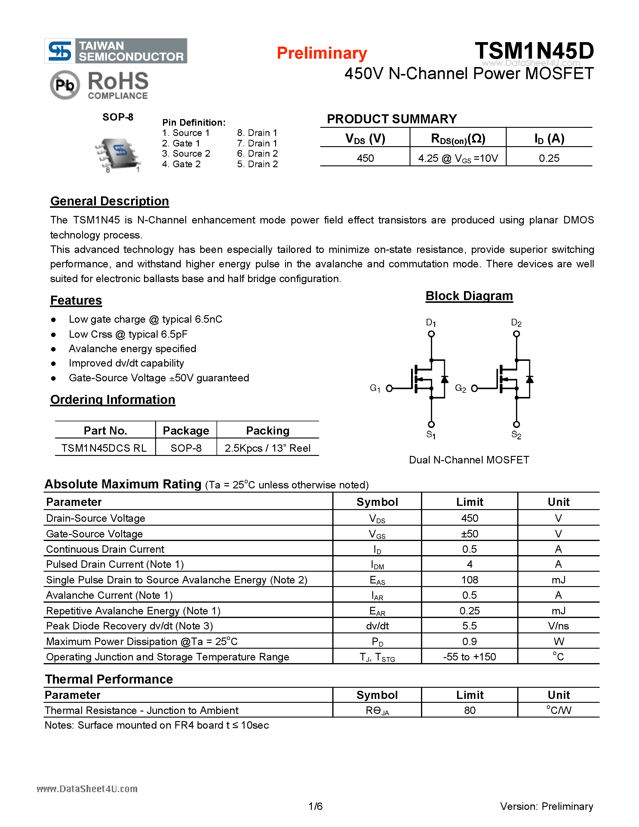 Даташит TSM1N45D - 450V N-Channel Power MOSFET страница 1