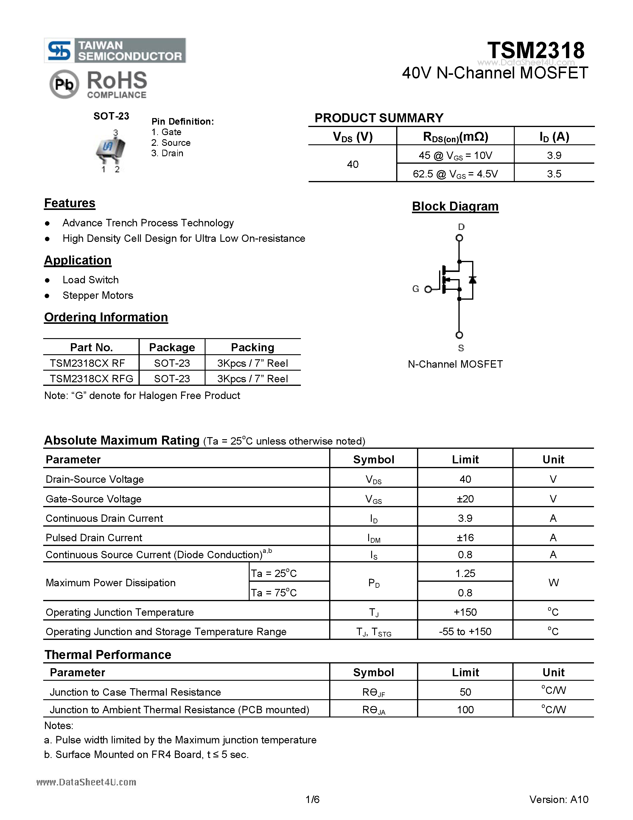 Даташит TSM2318 - 40V N-Channel MOSFET страница 1