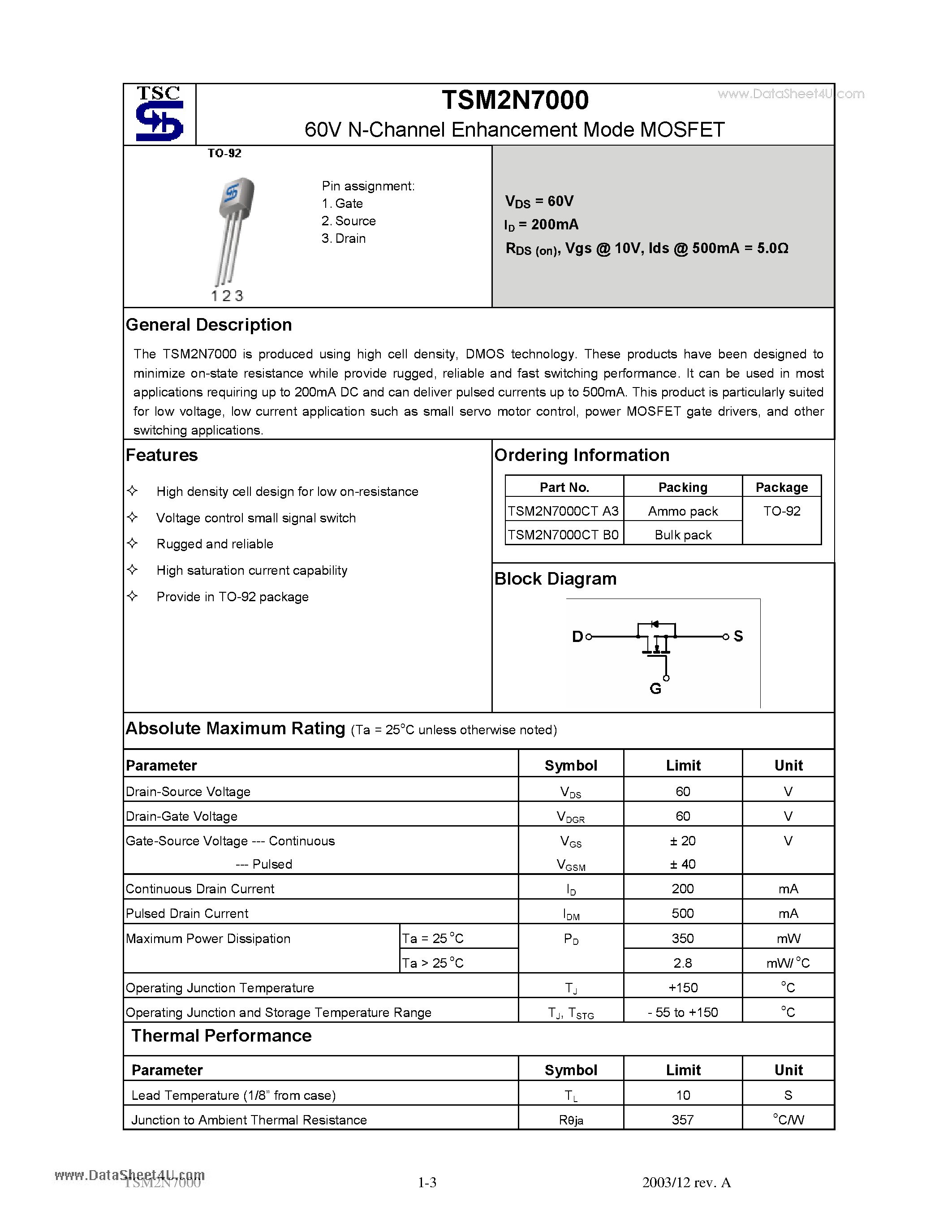 Даташит TSM2N70 - 60V N-Channel Enhancement Mode MOSFET страница 1