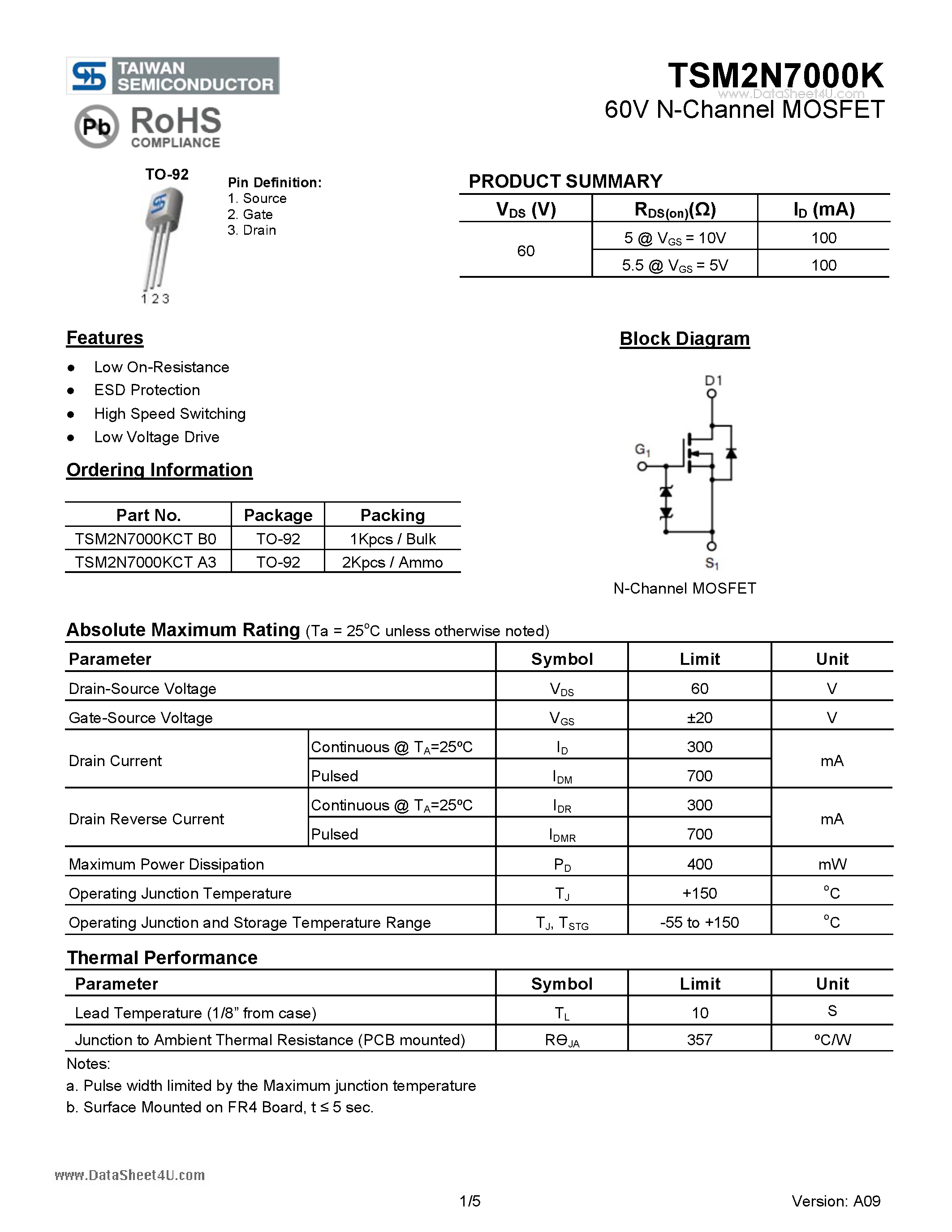 Даташит TSM2N7000K - 60V N-Channel MOSFET страница 1