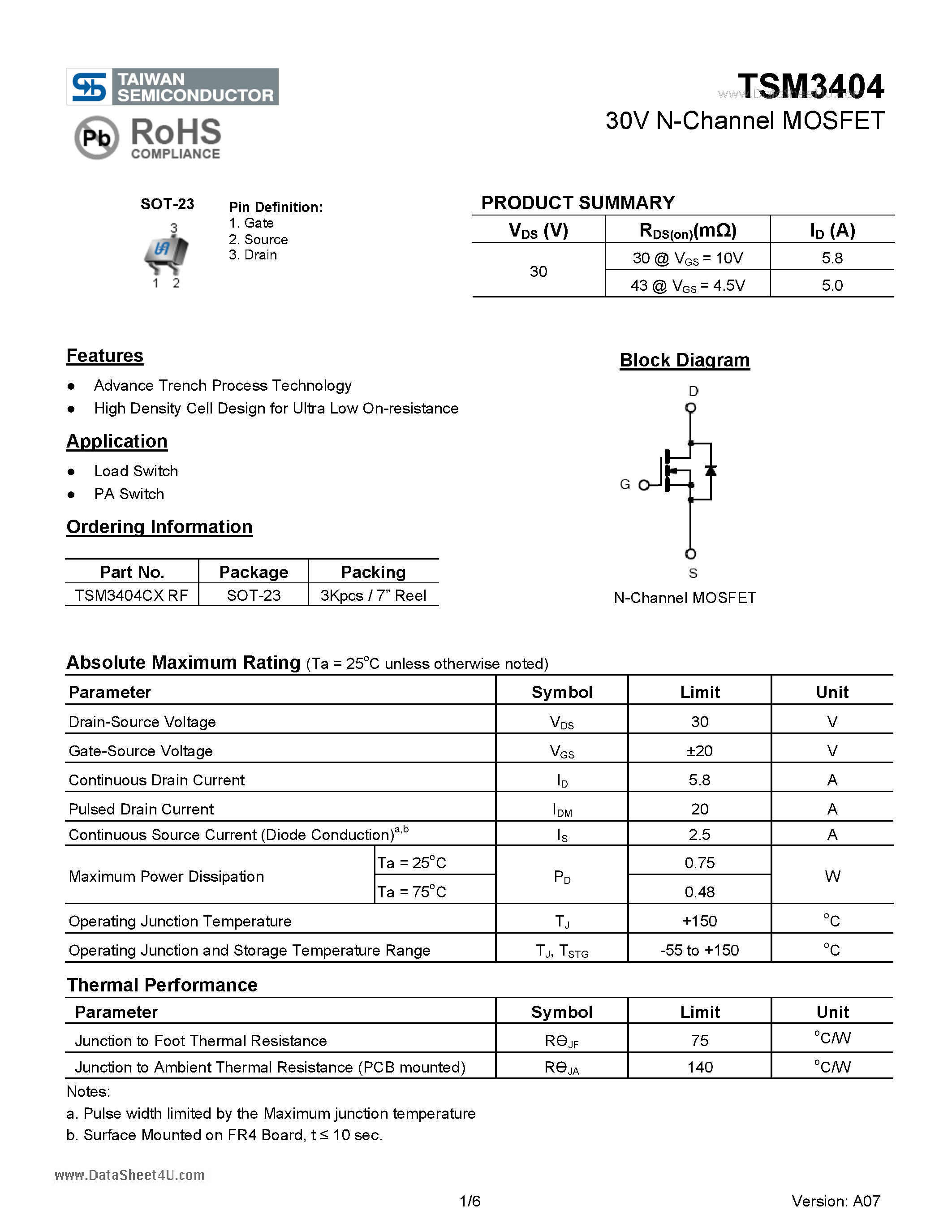 Даташит TSM3404 - 30V N-Channel MOSFET страница 1