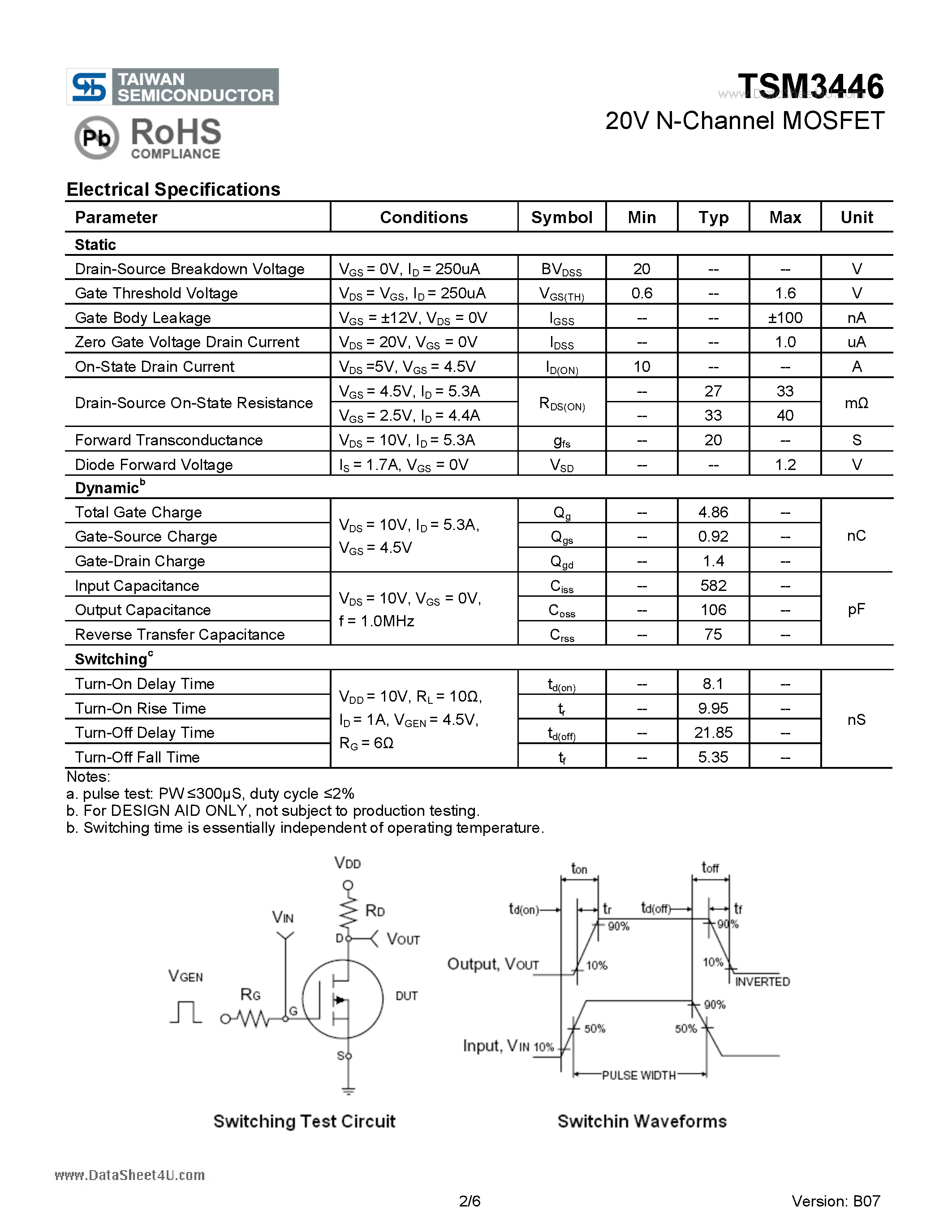 Даташит TSM3446 - 20V N-Channel MOSFET страница 2