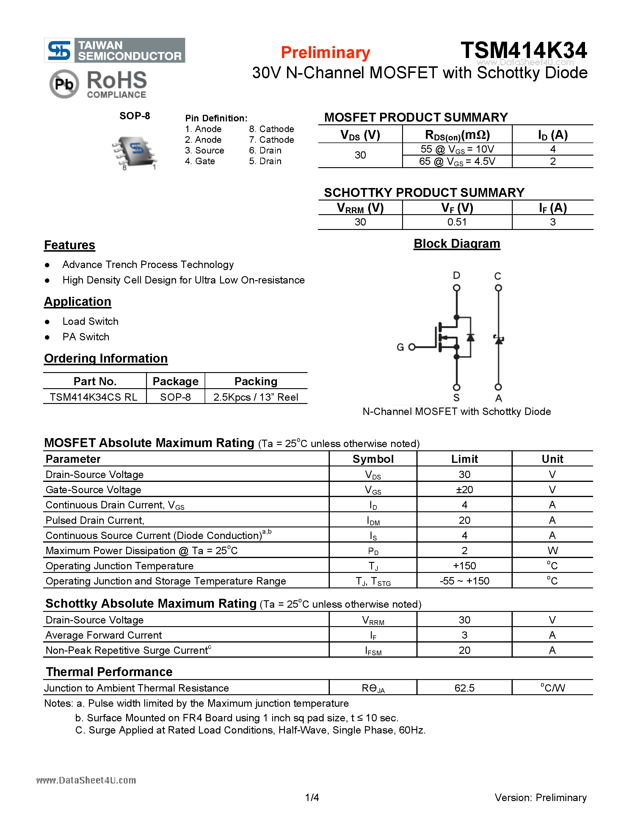 Даташит TSM414K34 - 30V N-Channel MOSFET страница 1