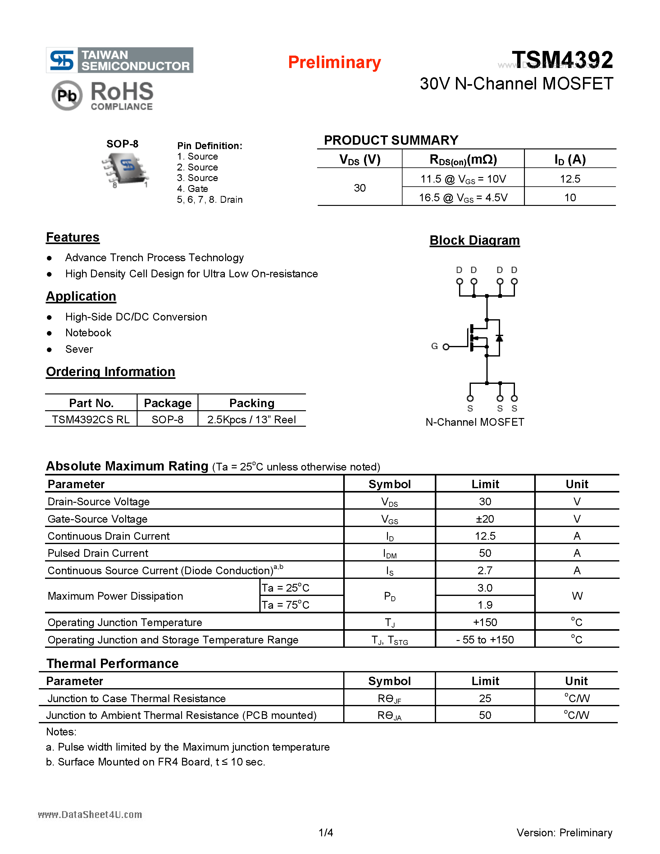 Даташит TSM4392 - 30V N-Channel MOSFET страница 1