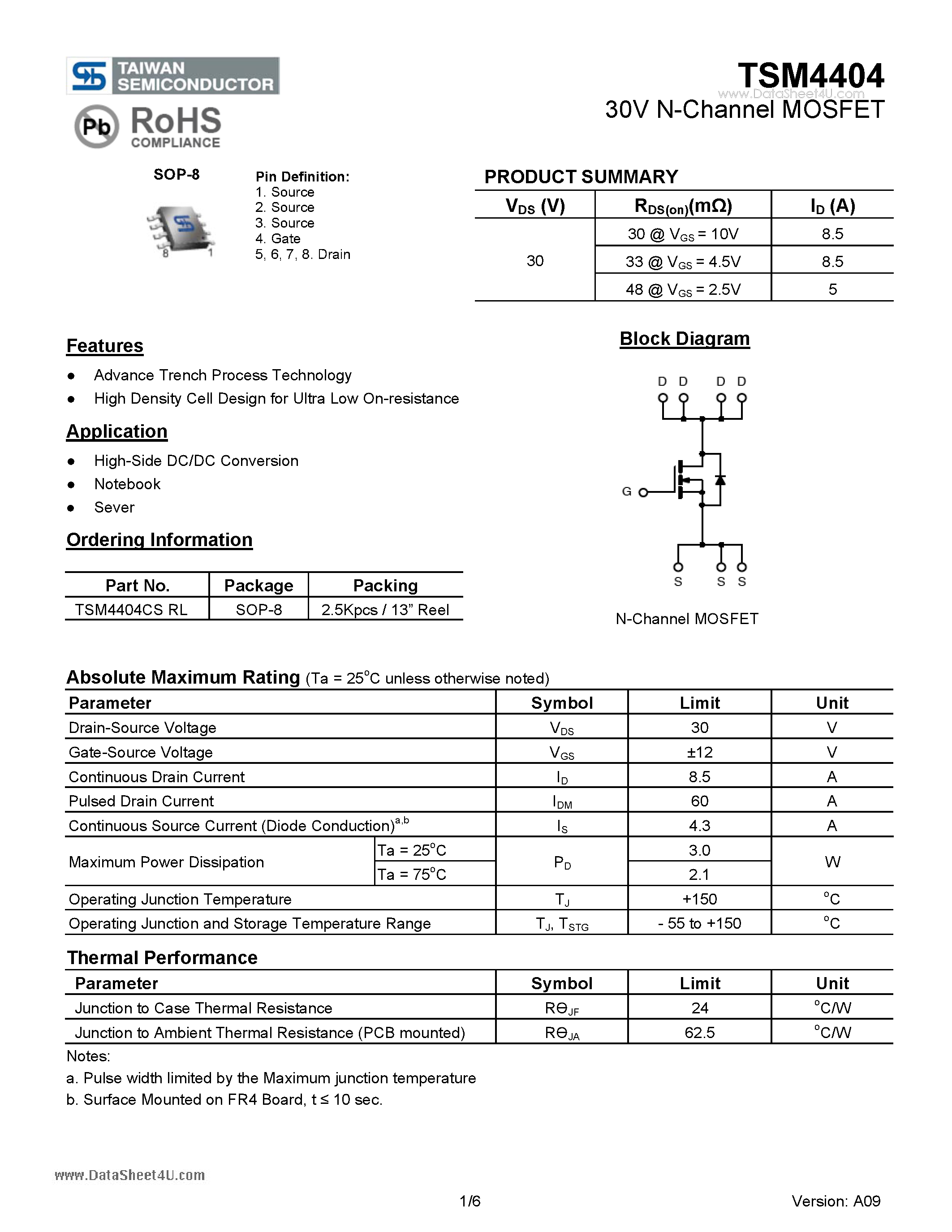 Даташит TSM4404 - 30V N-Channel MOSFET страница 1