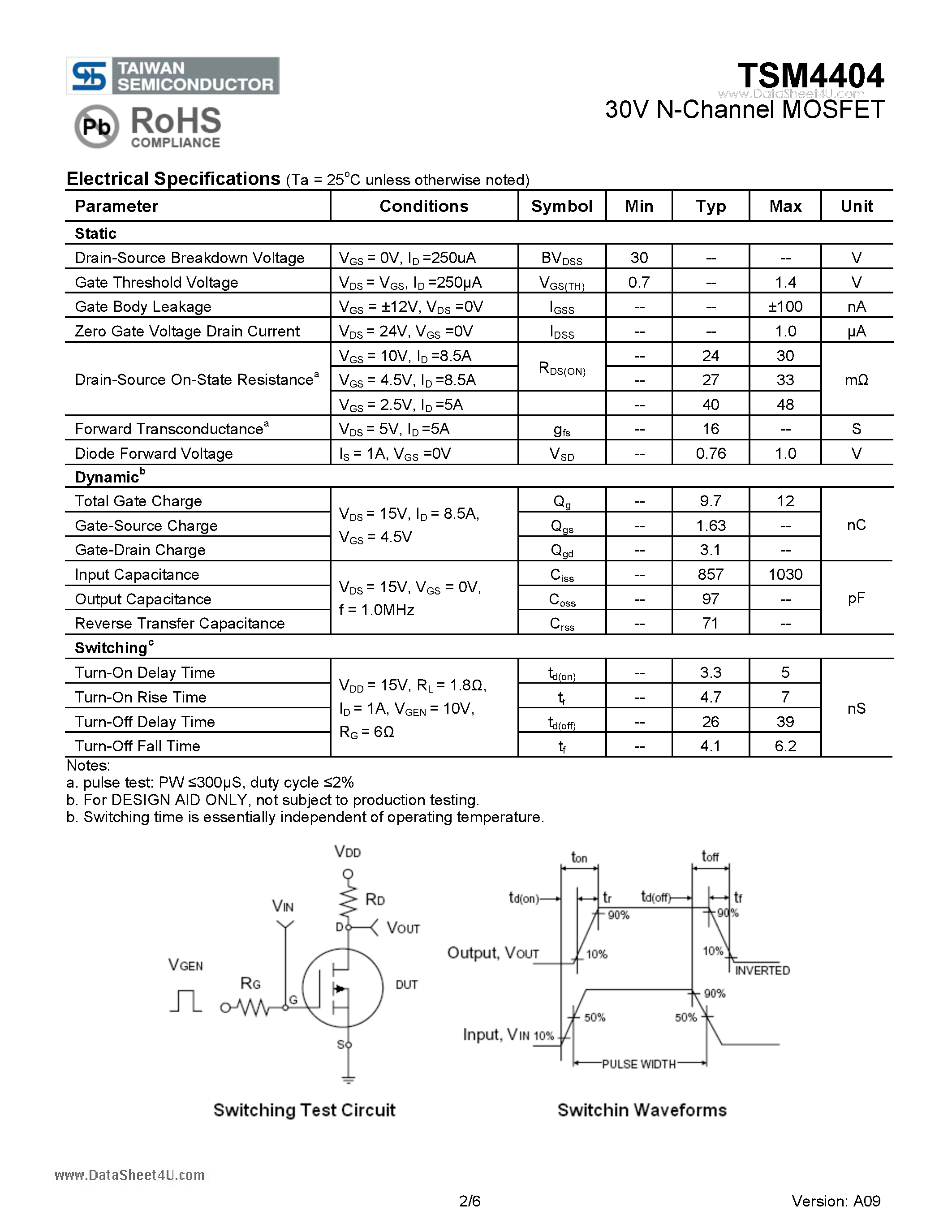 Даташит TSM4404 - 30V N-Channel MOSFET страница 2