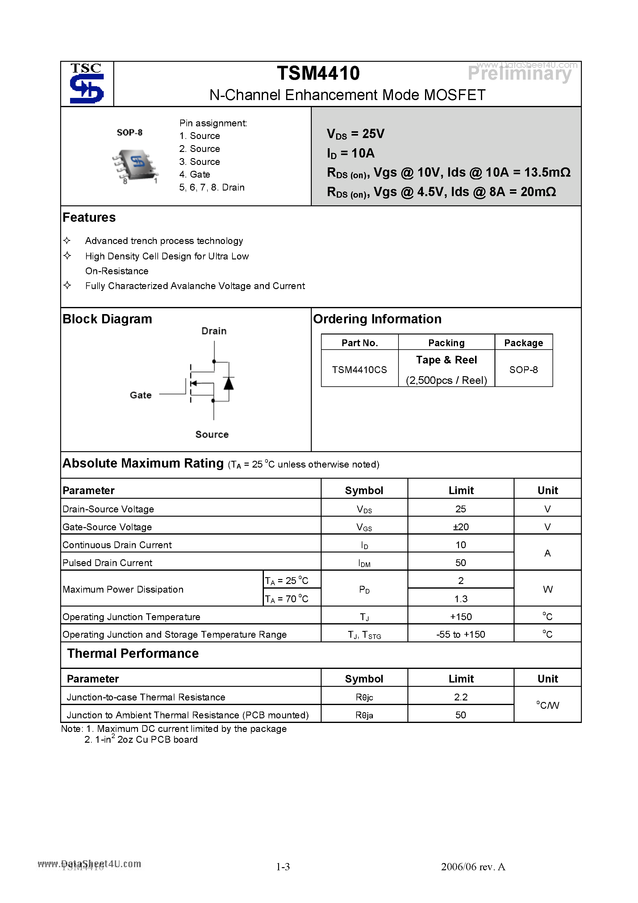 Даташит TSM4410 - N-Channel Enhancement Mode MOSFET страница 1