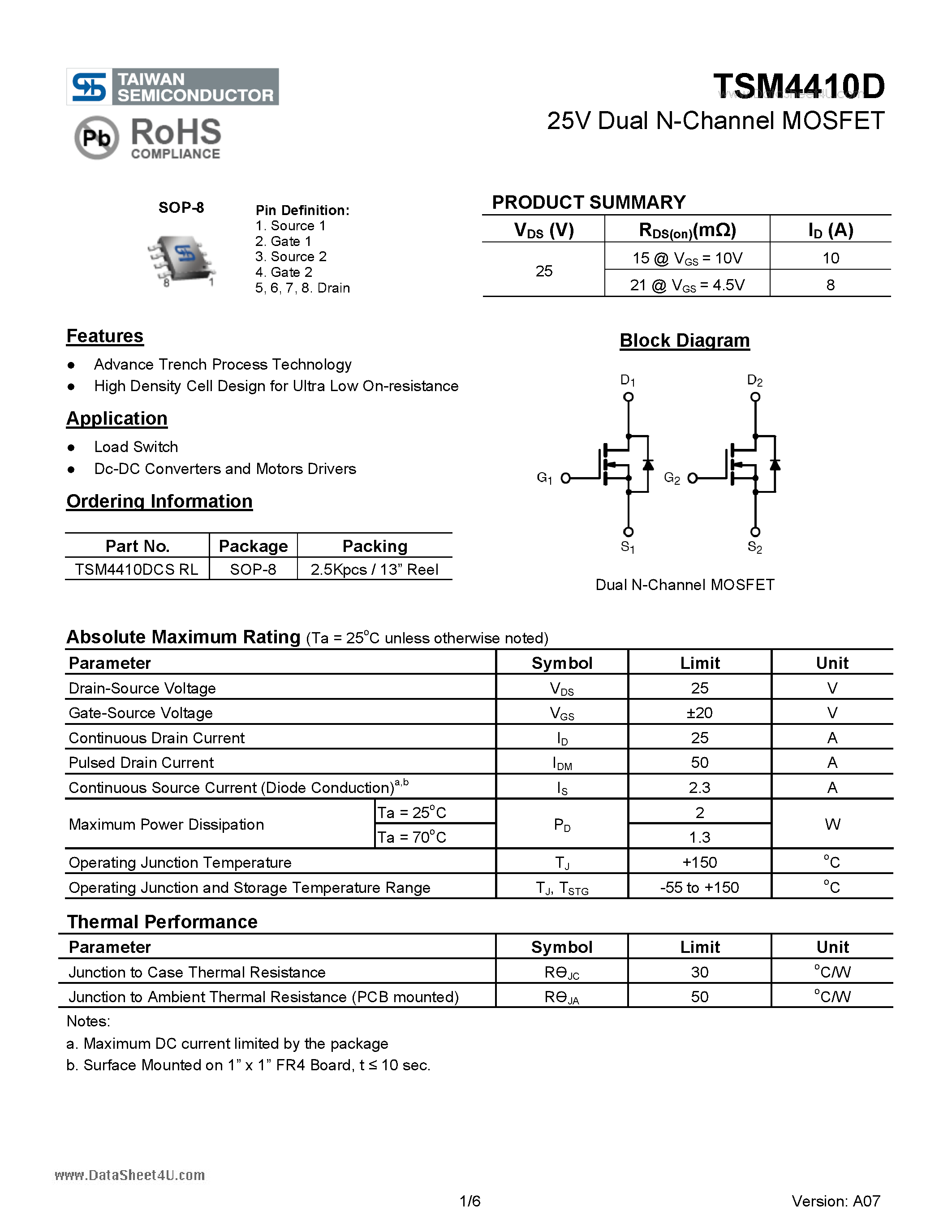 Даташит TSM4410D - 25V Dual N-Channel MOSFET страница 1