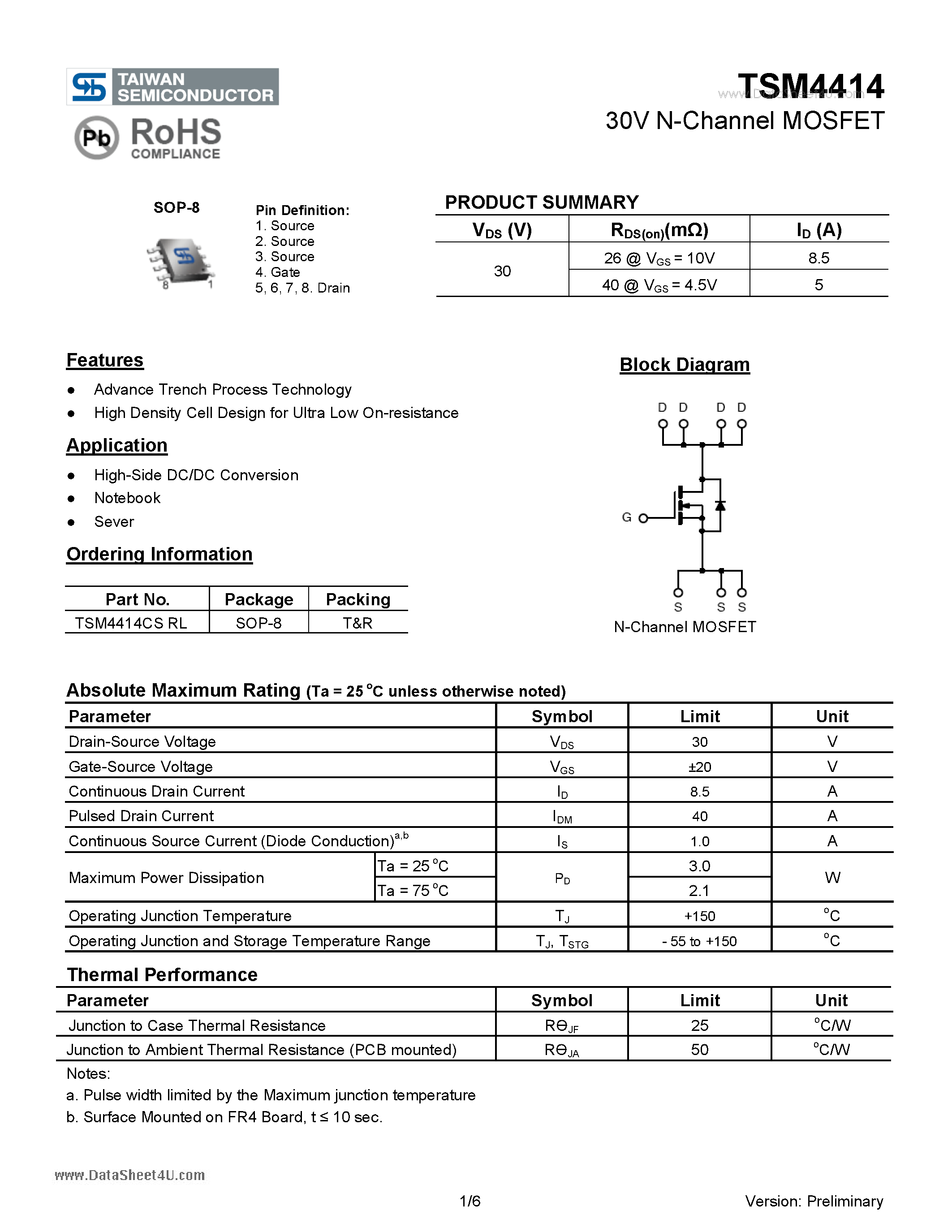 Даташит TSM4414 - 30V N-Channel MOSFET страница 1