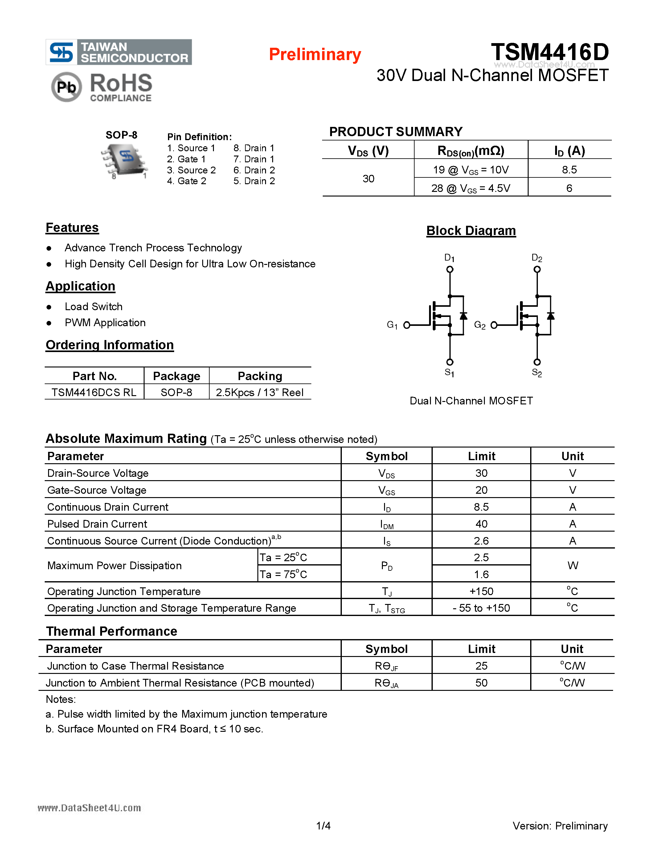 Даташит TSM4416D - 30V Dual N-Channel MOSFET страница 1