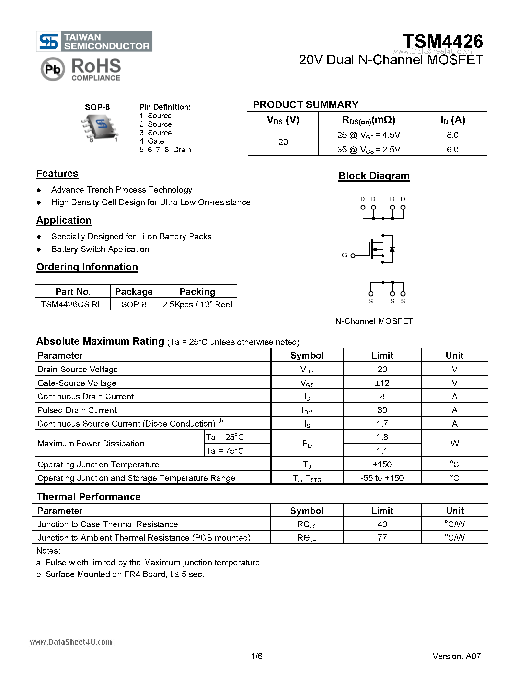 Даташит TSM4426 - 20V Dual N-Channel MOSFET страница 1