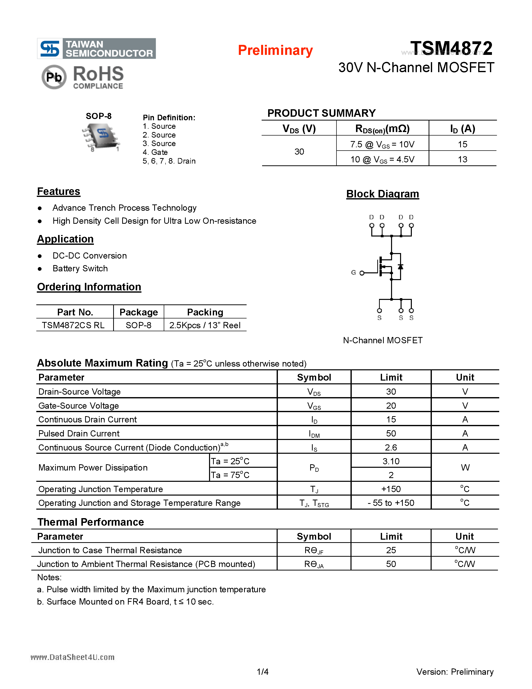 Даташит TSM4872 - 30V N-Channel MOSFET страница 1