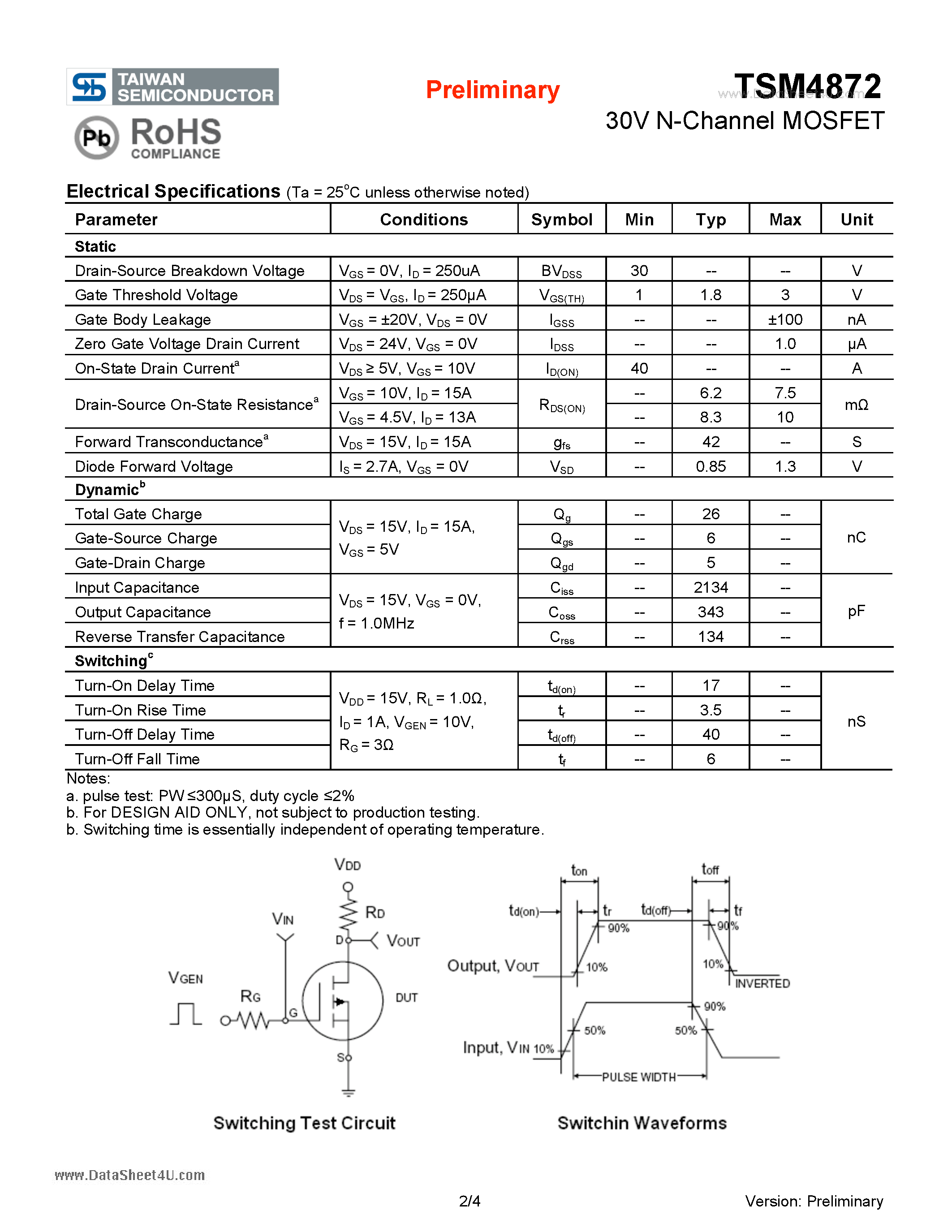 Даташит TSM4872 - 30V N-Channel MOSFET страница 2